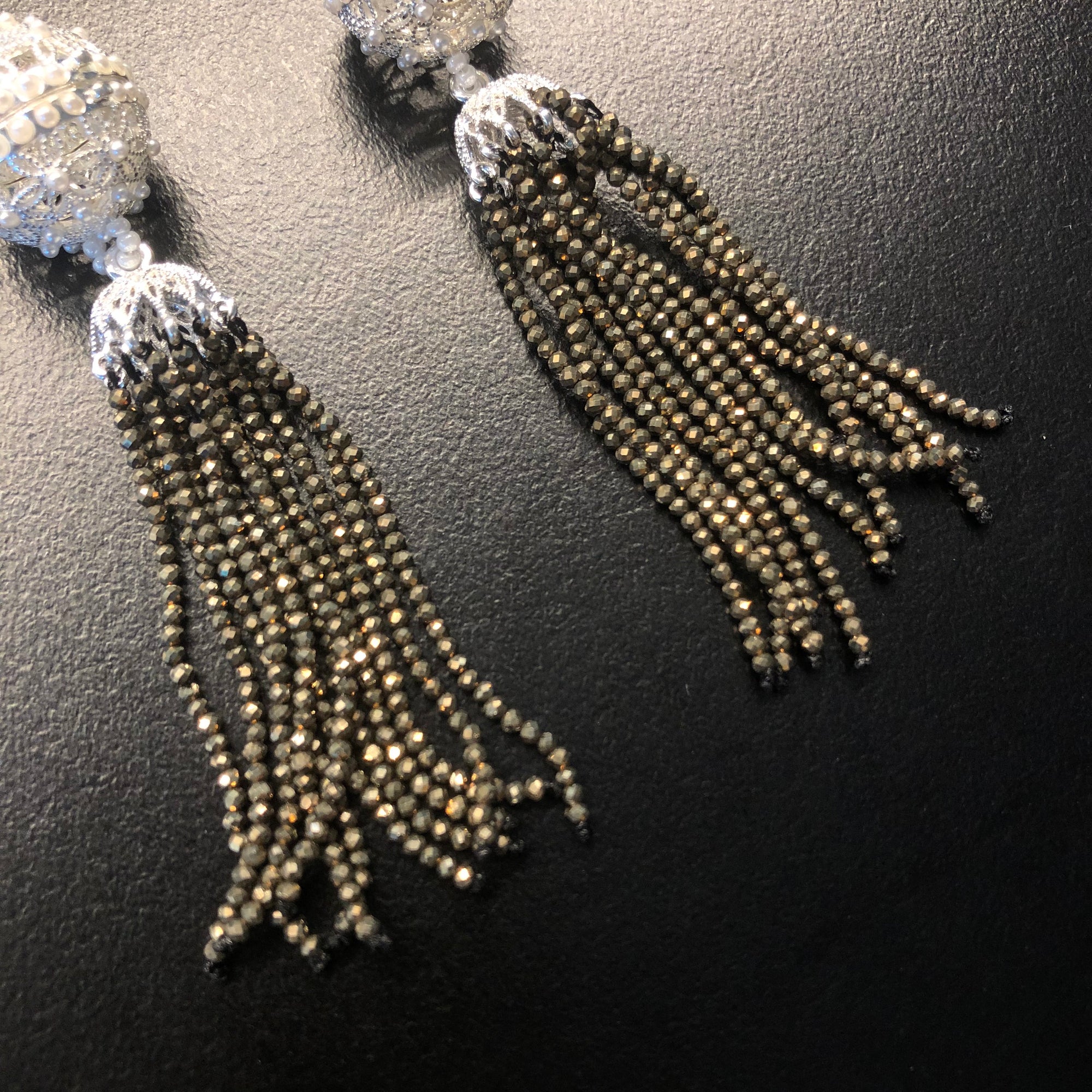 Herbal Locket Crystal Tassel Earrings - Pyrite Stone - Yun Boutique