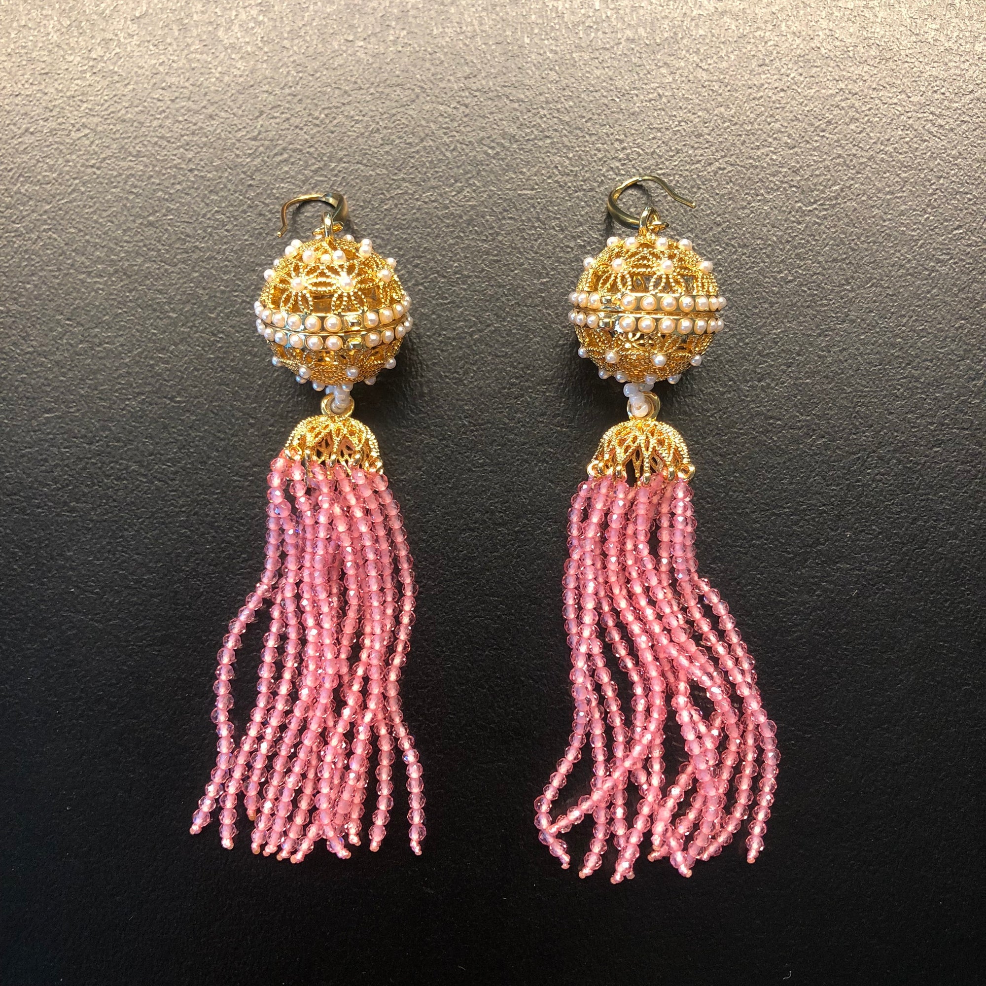 Herbal Locket Crystal Tassel Earrings - Pink Zirconia - Yun Boutique