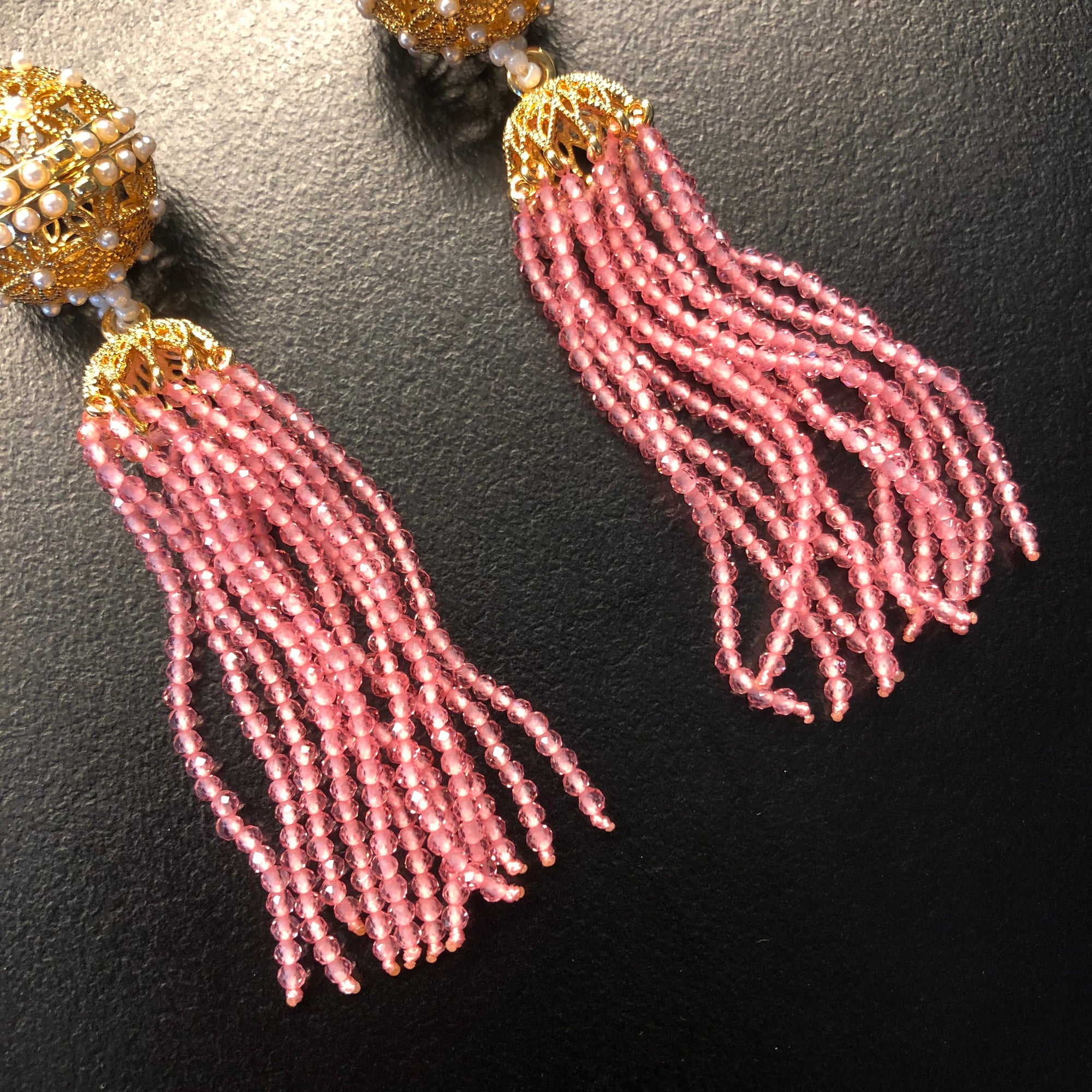 Herbal Locket Crystal Tassel Earrings - Pink Zirconia - Yun Boutique