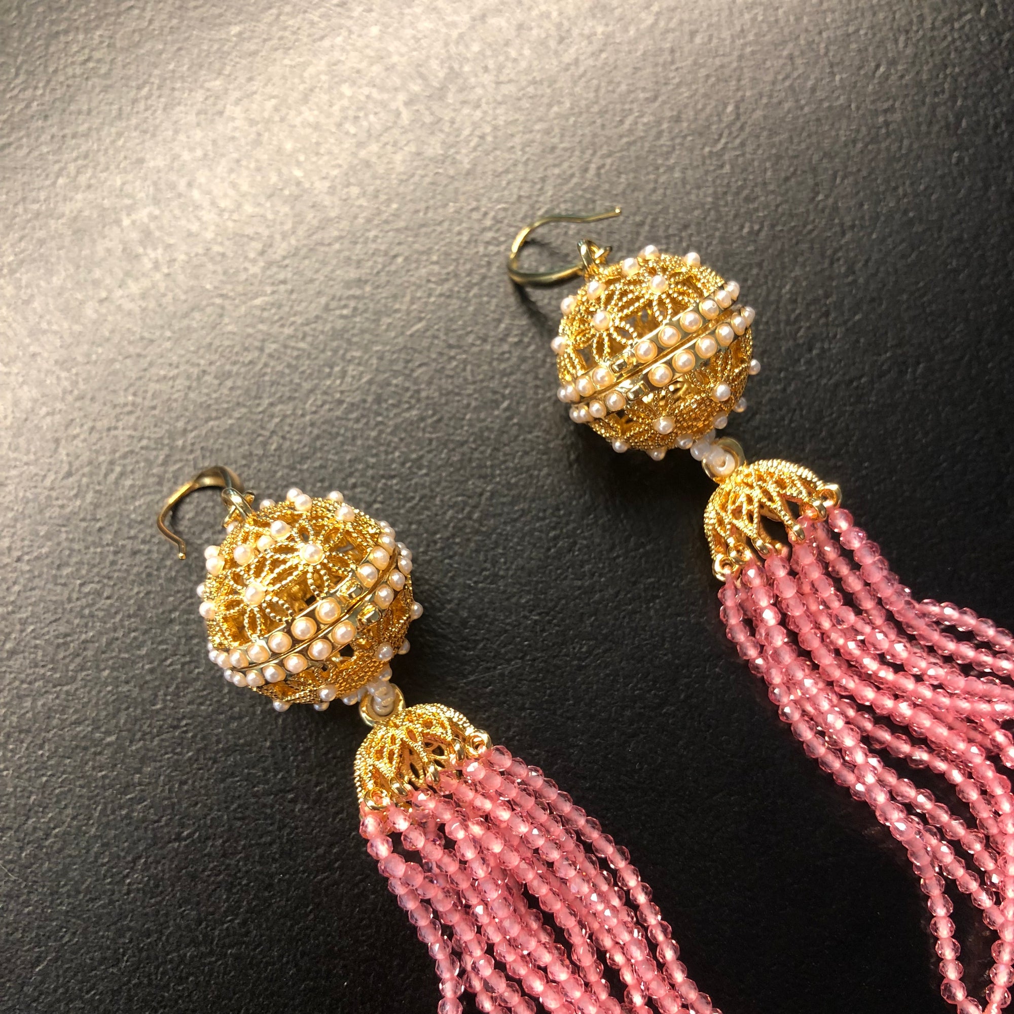 Herbal Locket Crystal Tassel Earrings - Pink Zirconia - Yun Boutique