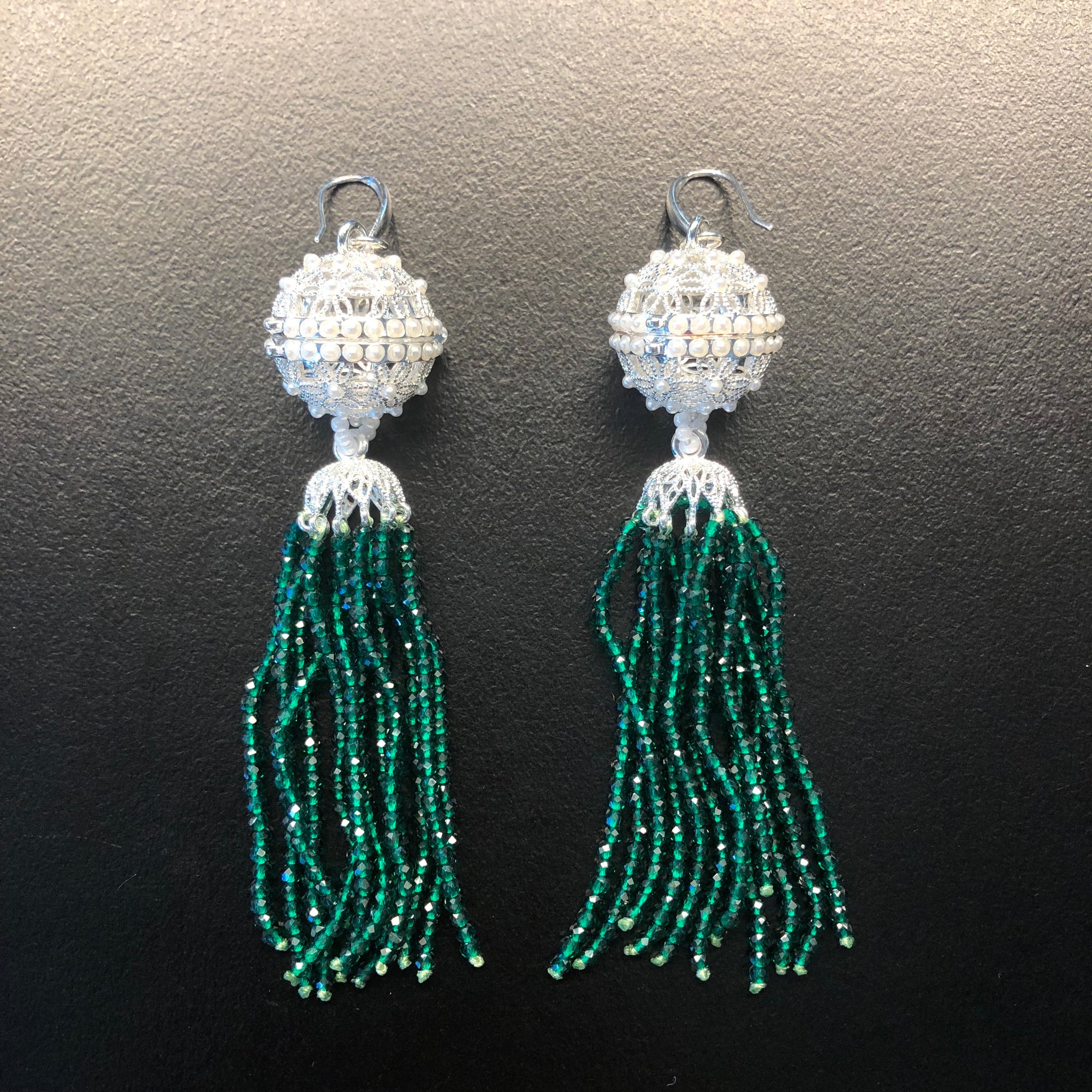 Herbal Locket Crystal Tassel Earrings - Emerald Zirconia - Yun Boutique