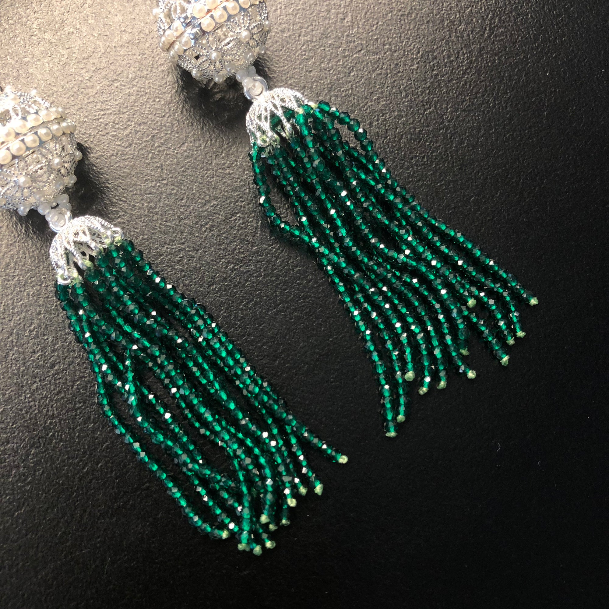 Herbal Locket Crystal Tassel Earrings - Emerald Zirconia - Yun Boutique