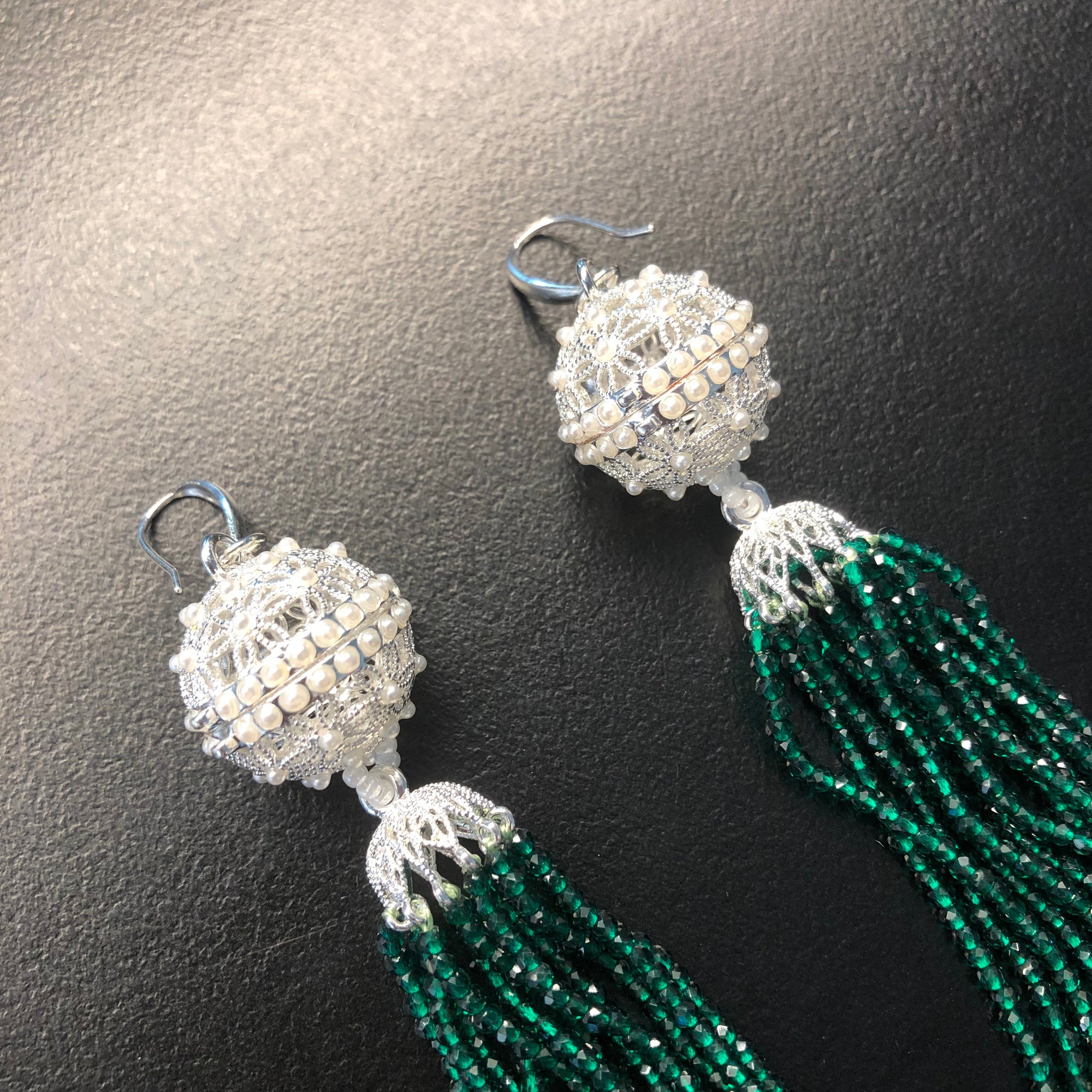 Herbal Locket Crystal Tassel Earrings - Emerald Zirconia - Yun Boutique