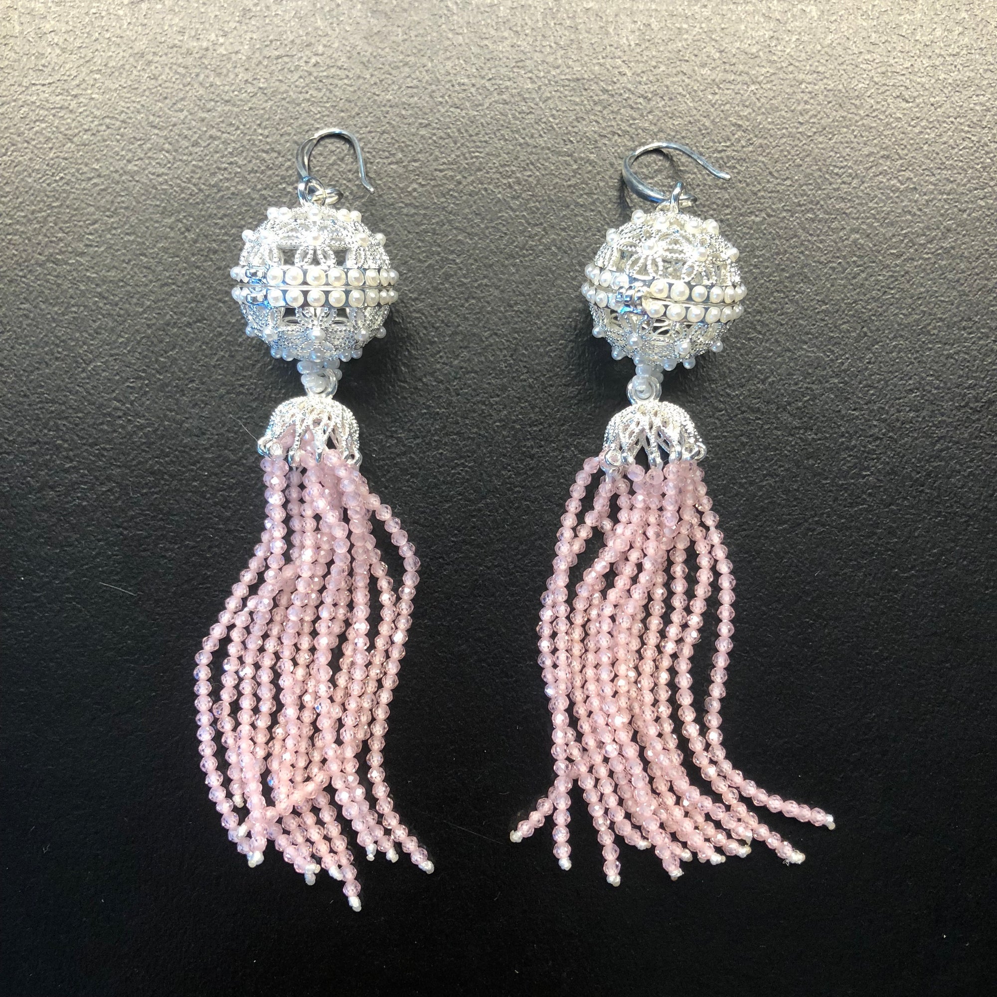 Herbal Locket Crystal Tassel Earrings - Pink Zirconia - Yun Boutique