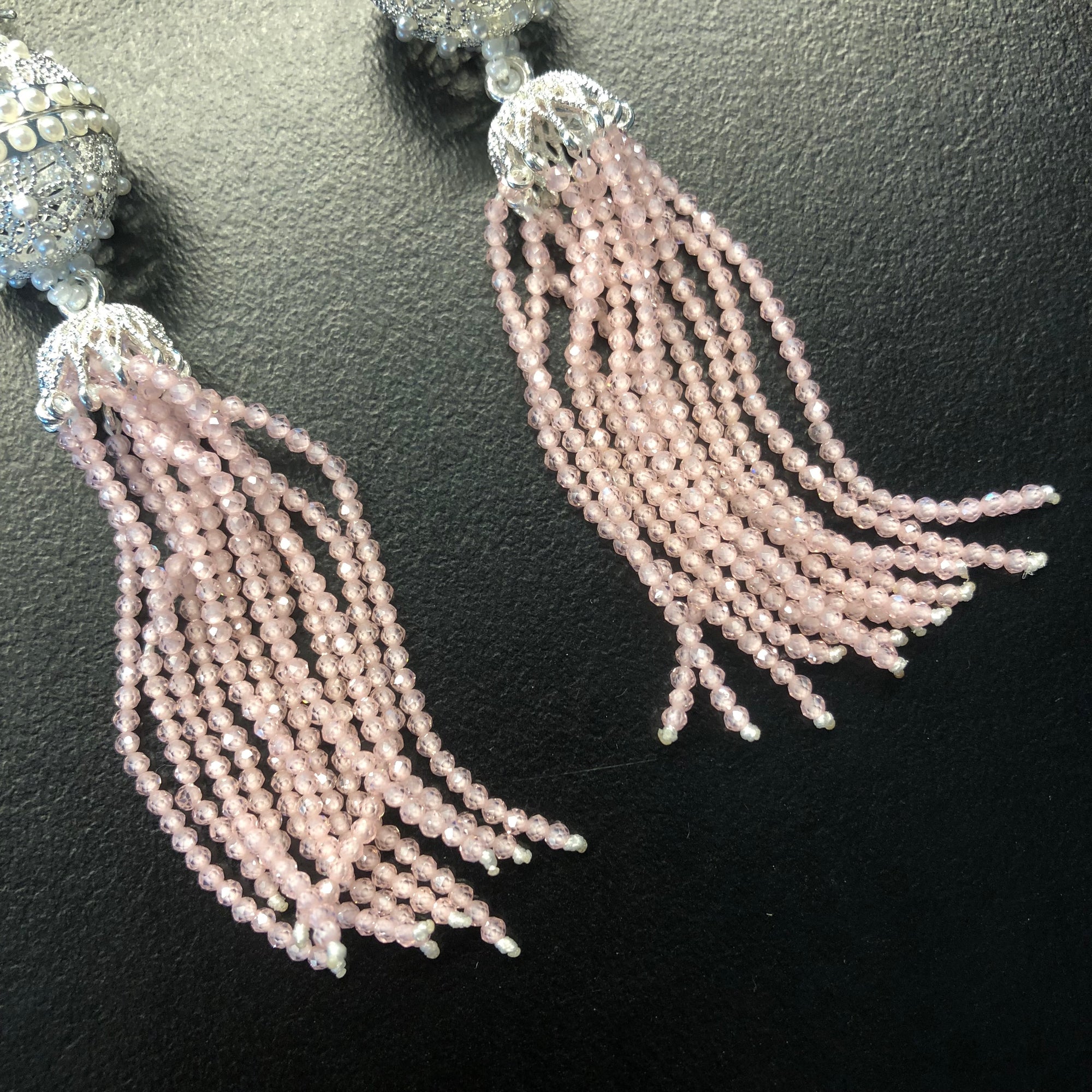 Herbal Locket Crystal Tassel Earrings - Pink Zirconia - Yun Boutique