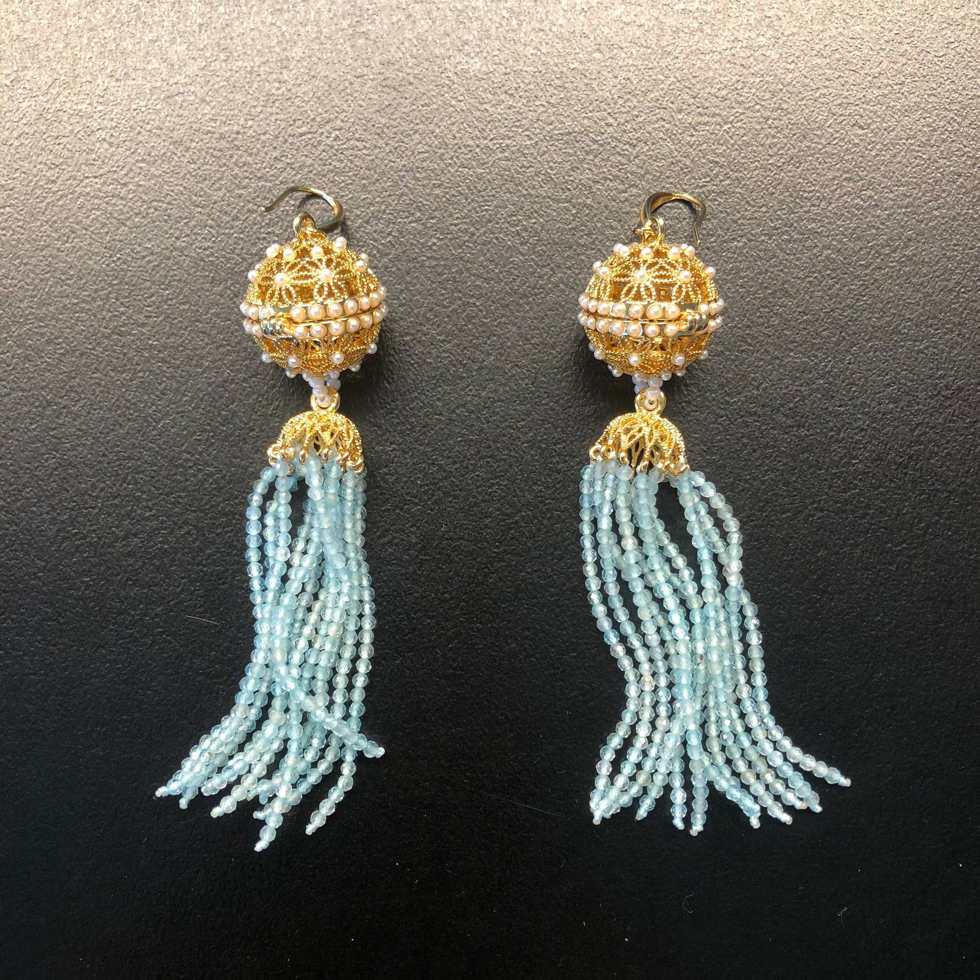 Herbal Locket Crystal Tassel Earrings - Aquamarine - Yun Boutique