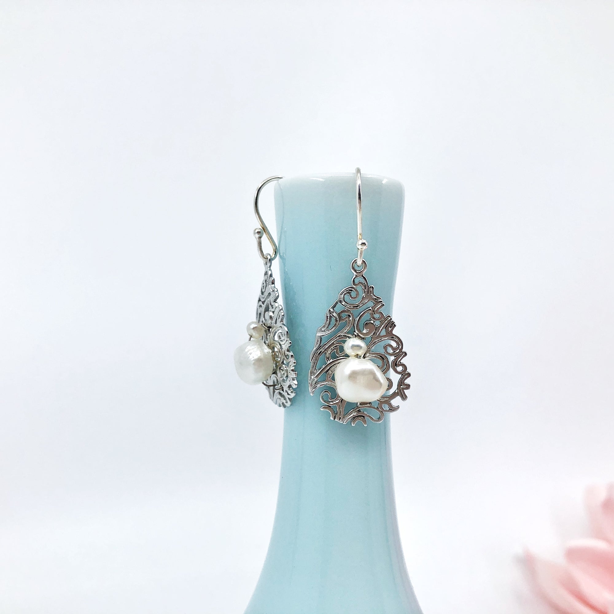 Filigree Pearl Earrings Silver