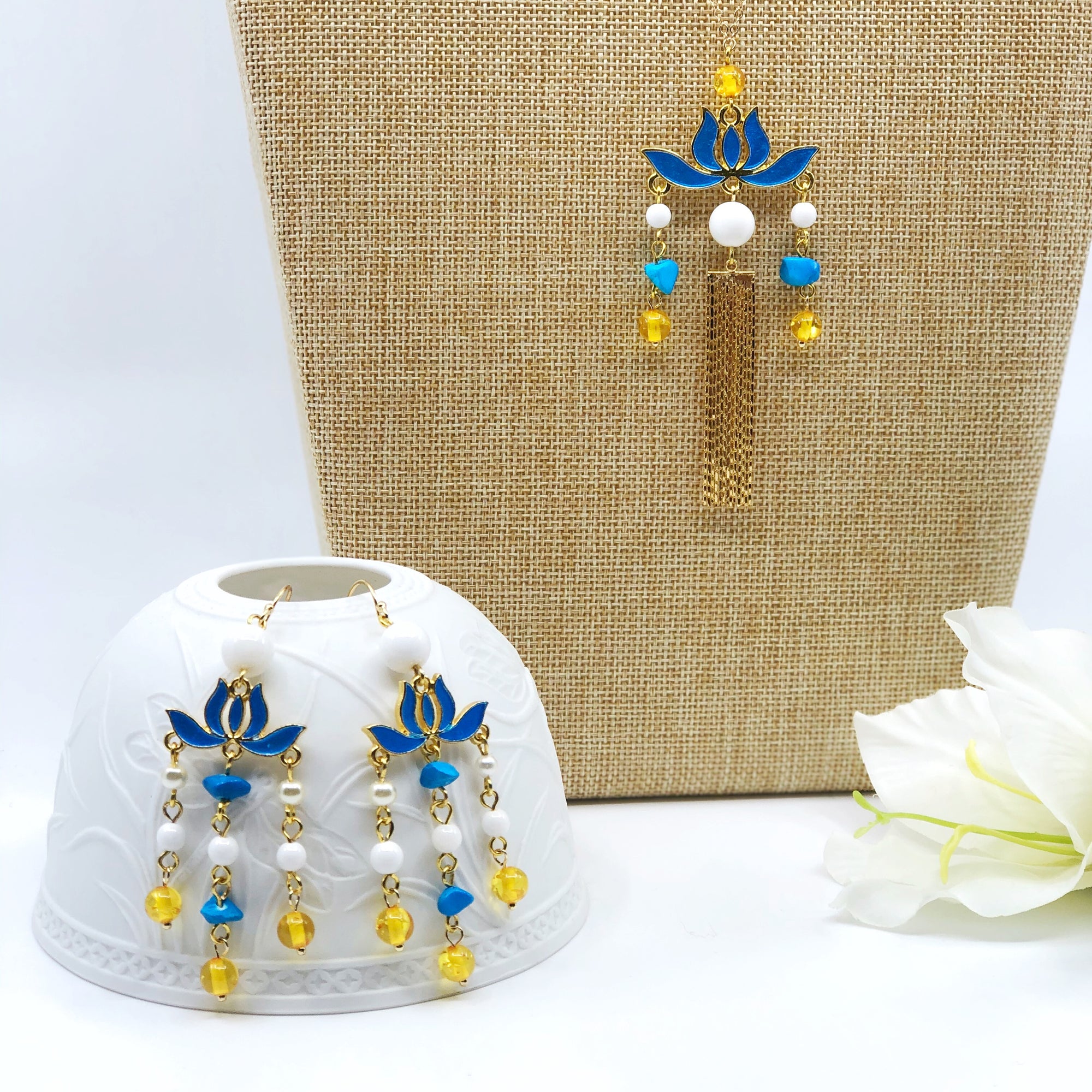 Blue Enamel Lotus Necklace Gold