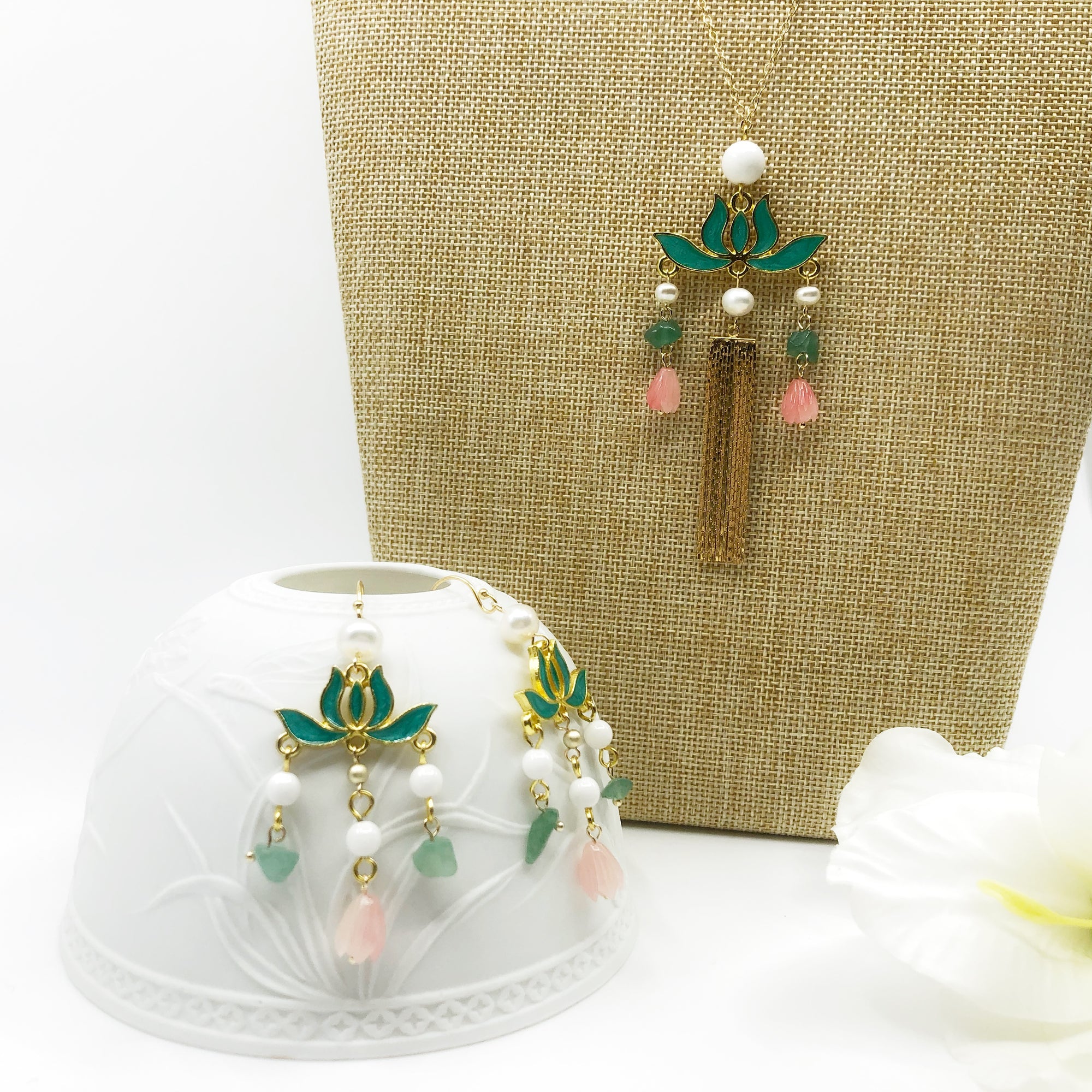 Green Enamel Lotus Tassel Necklace