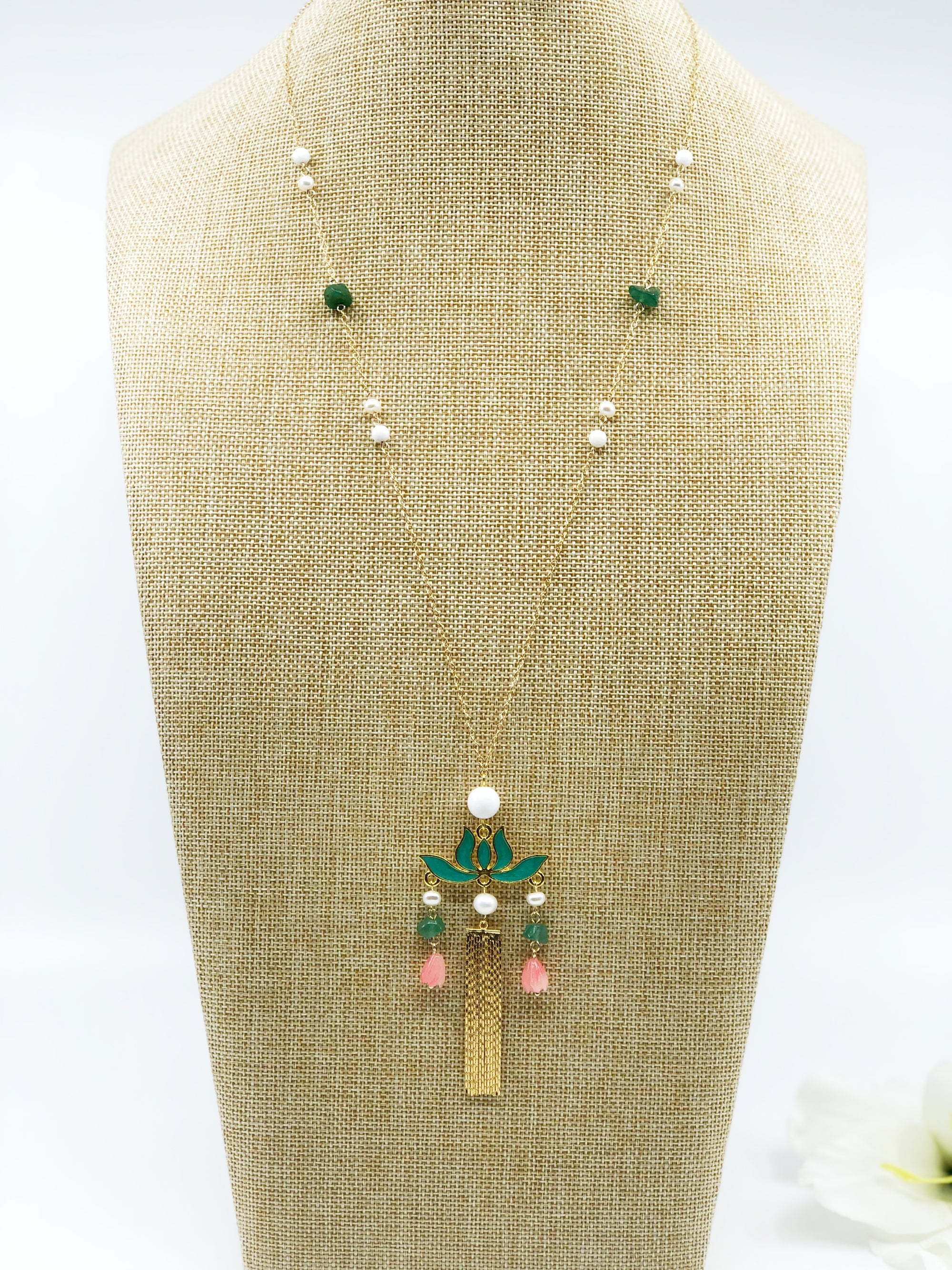 Green Enamel Lotus Tassel Necklace