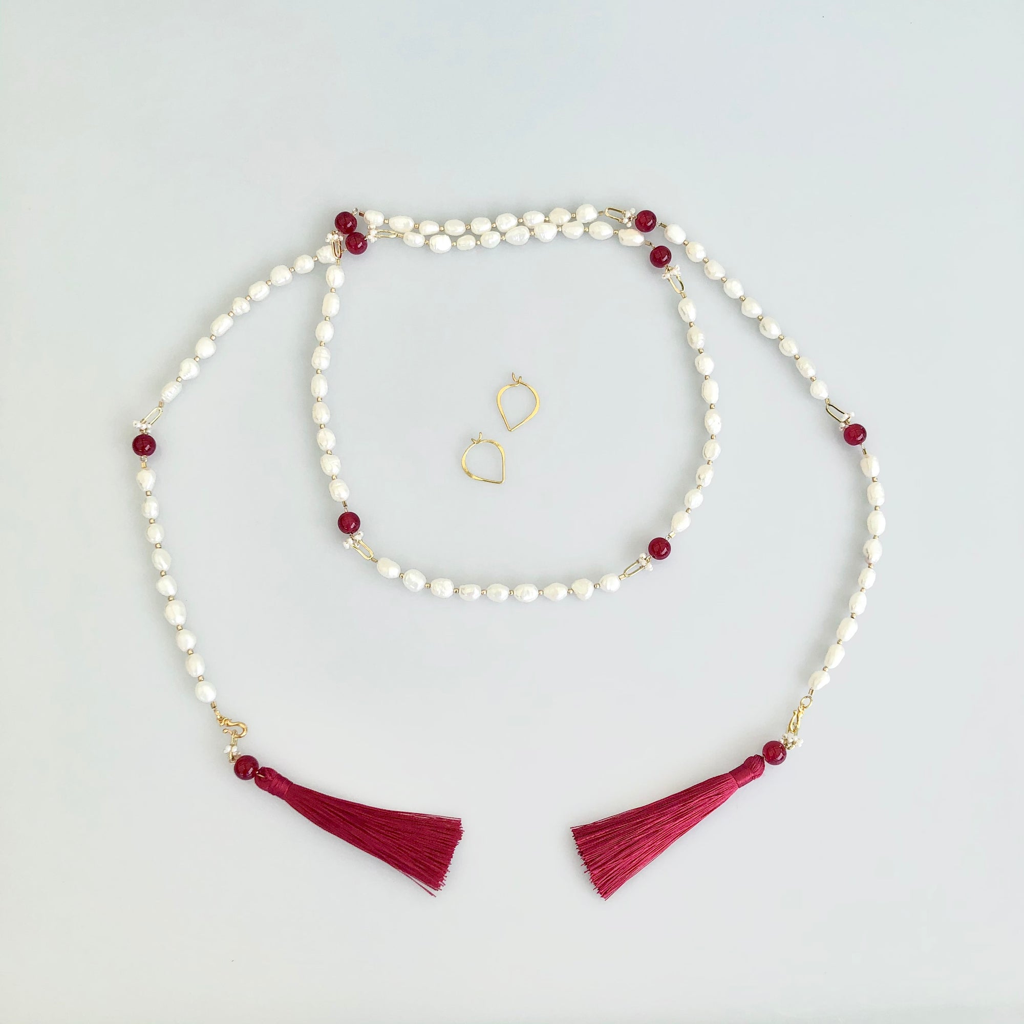 Multi-style Baroque Pearl Lariat Necklace Red Tassel Set - Yun Boutique