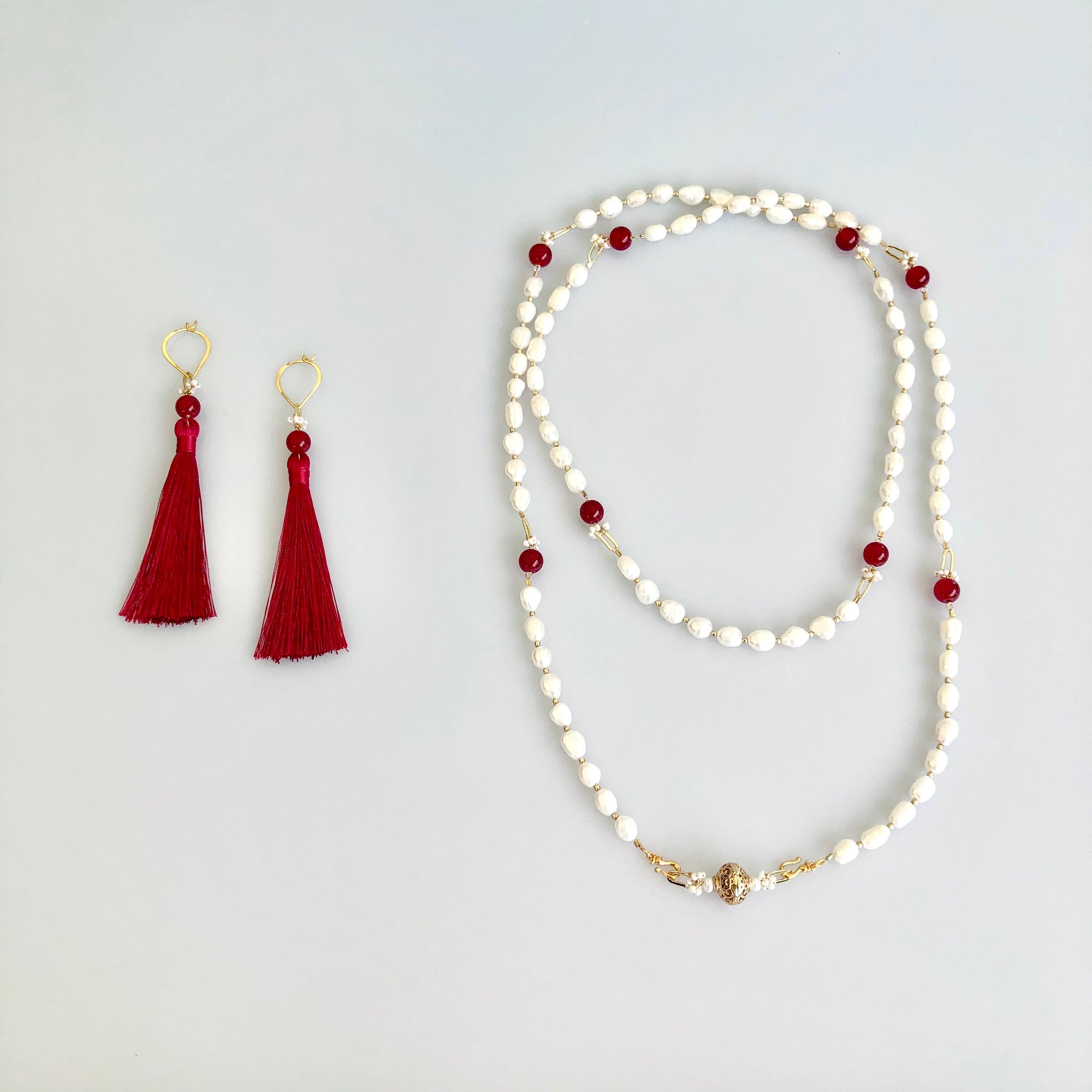 Multi-style Baroque Pearl Lariat Necklace Red Tassel Set - Yun Boutique