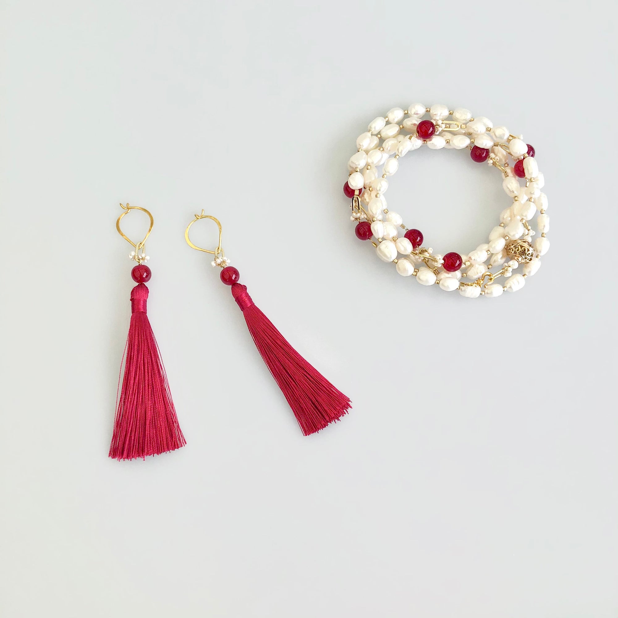 Multi-style Baroque Pearl Lariat Necklace Red Tassel Set - Yun Boutique