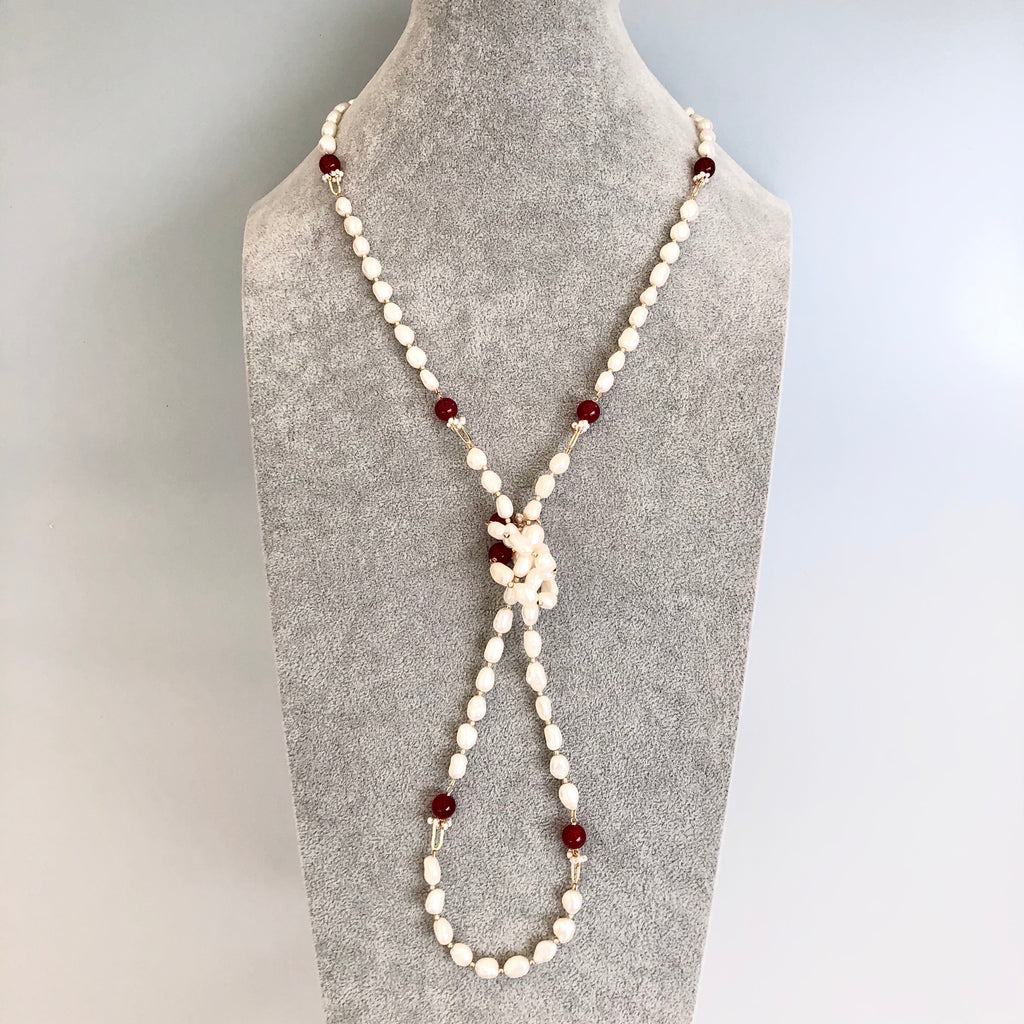 Multi-style Baroque Pearl Lariat Necklace Red Tassel Set | Asian