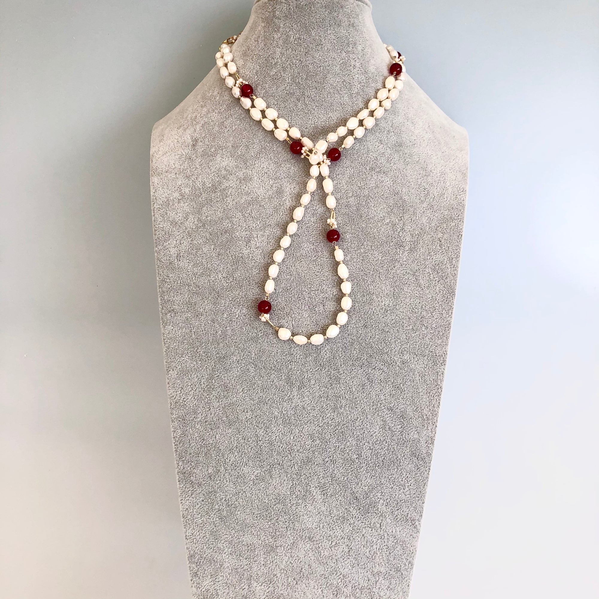 Multi-style Baroque Pearl Lariat Necklace Red Tassel Set