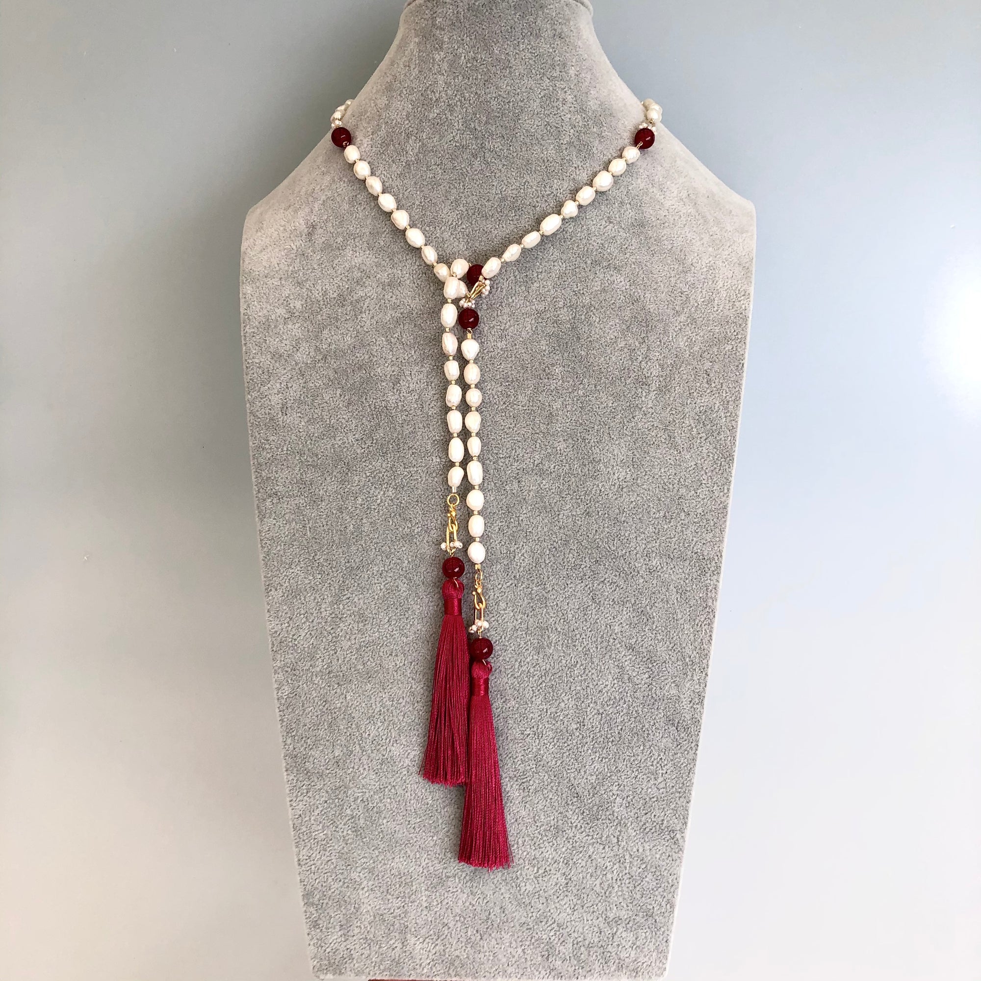 Multi-style Baroque Pearl Lariat Necklace Red Tassel Set - Yun Boutique