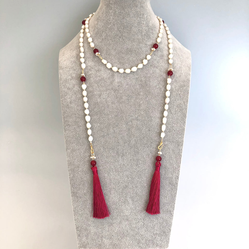 Multi-style Baroque Pearl Lariat Necklace Red Tassel Set | Asian 