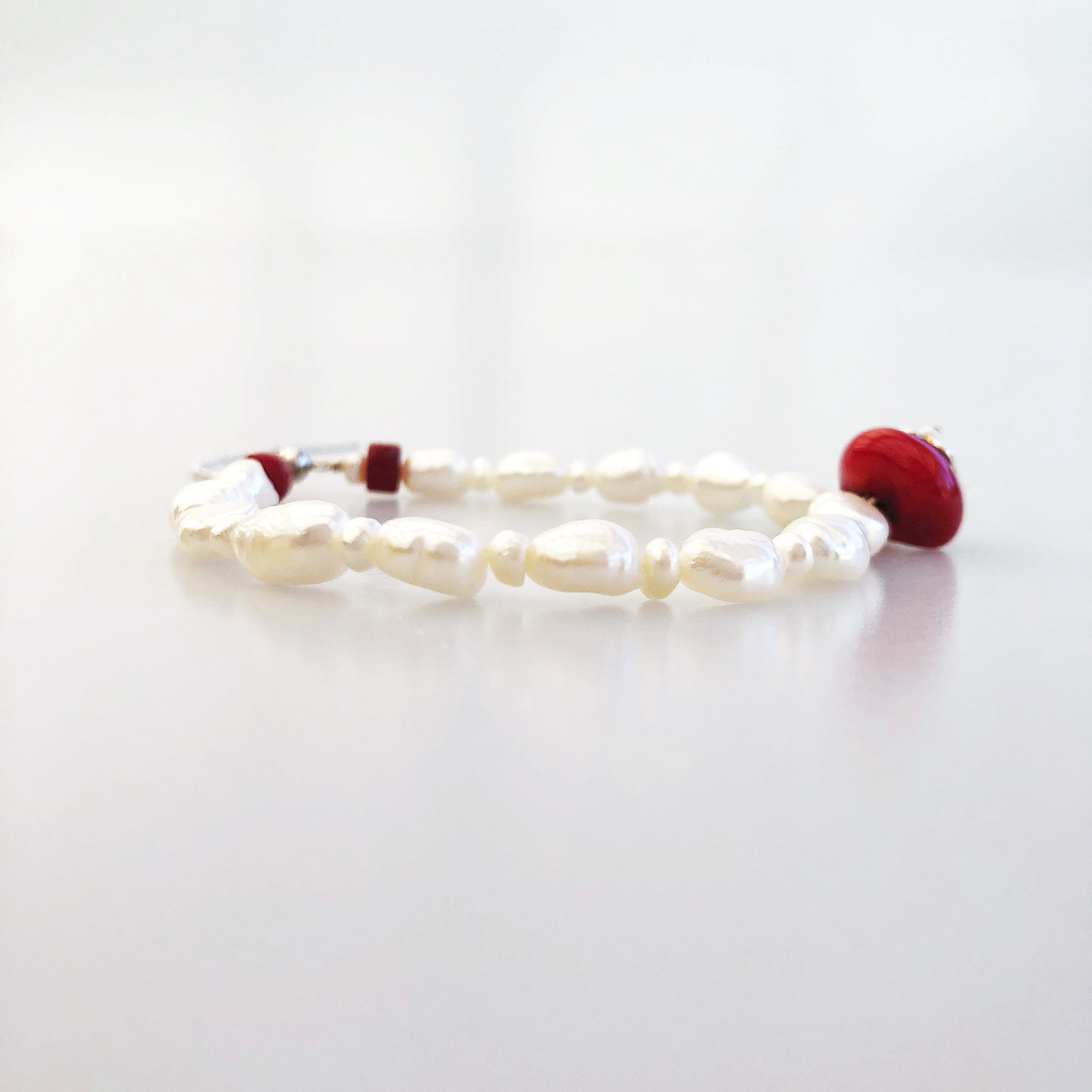 Plum Blossom Pearl and Coral Bracelet Silver