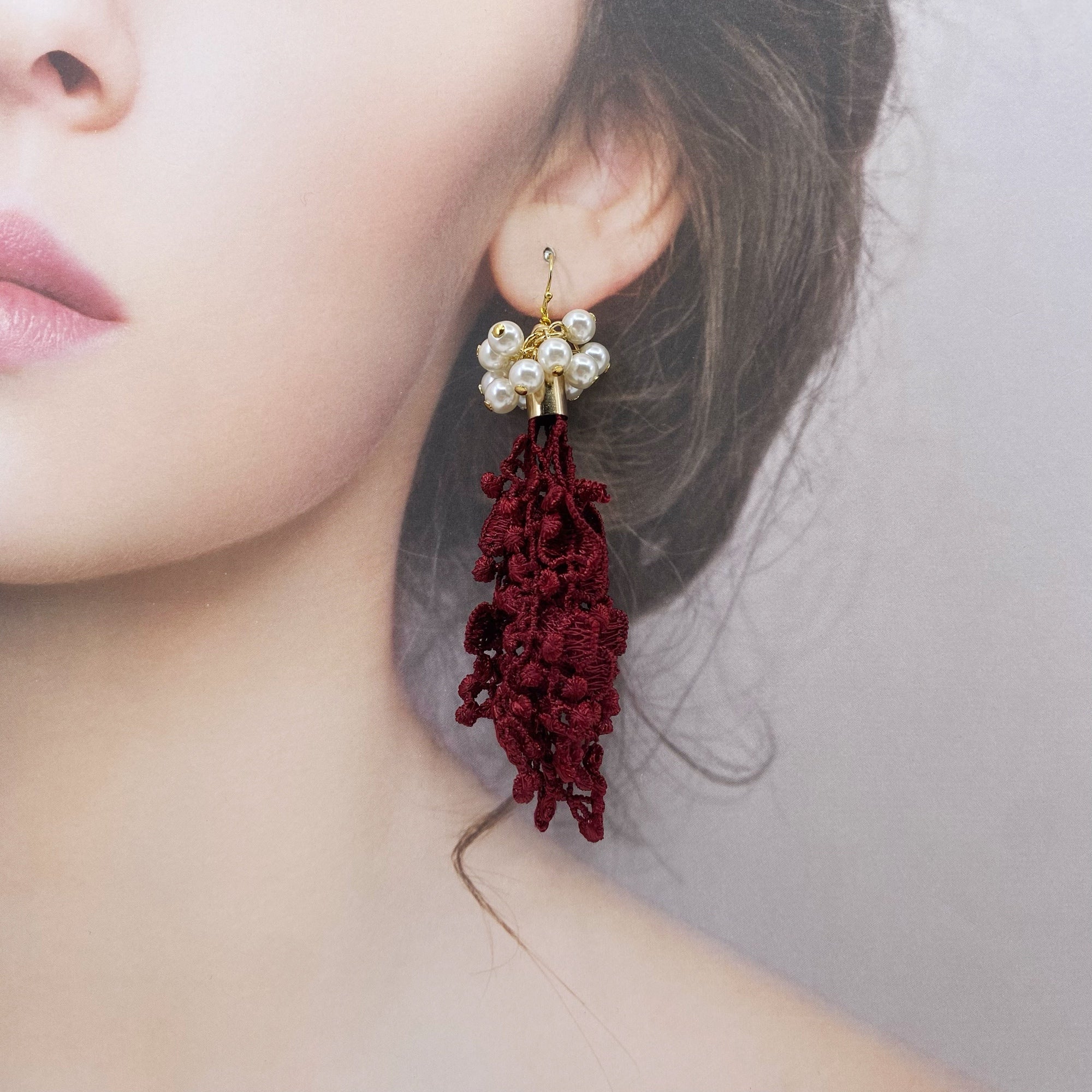 Asymmetrical Crimson Lace Earrings - Yun Boutique