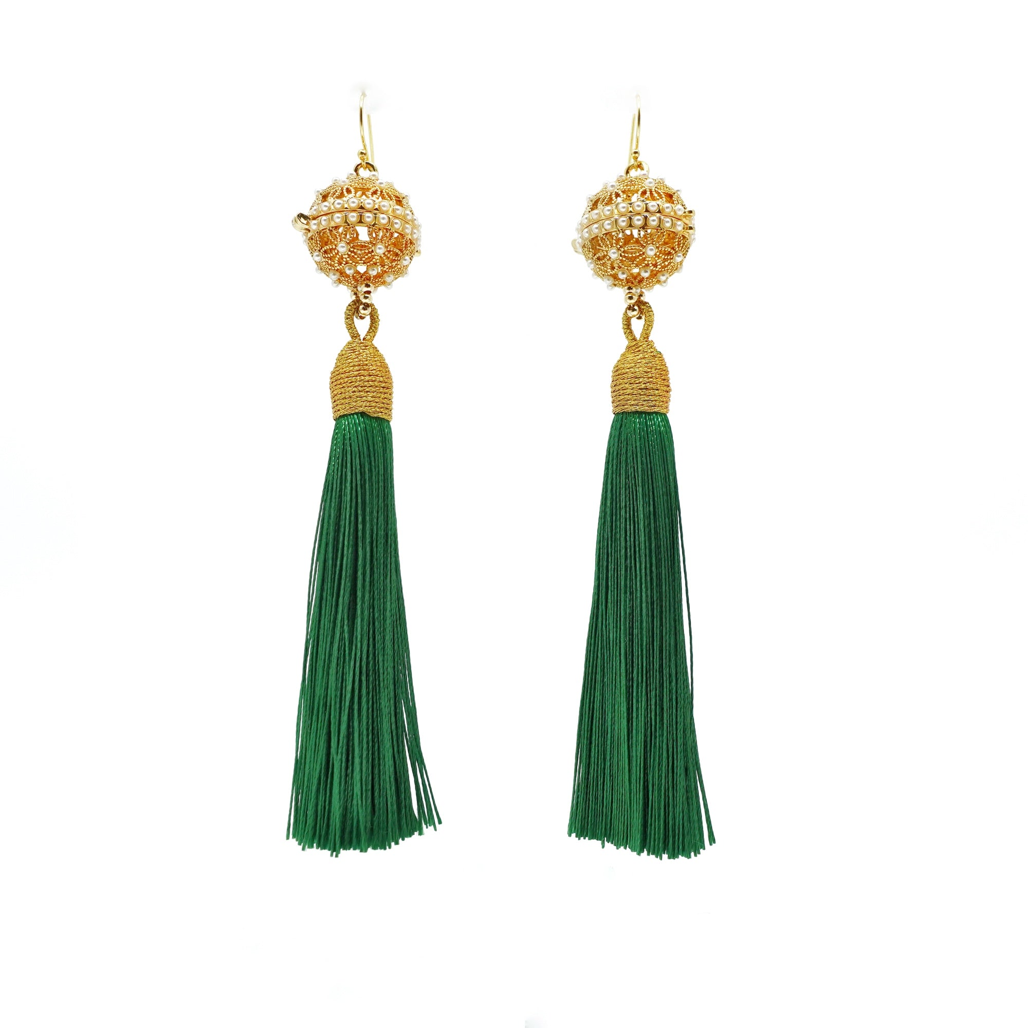 Herbal Locket Silk Tassel Earrings - Emerald Green - Yun Boutique