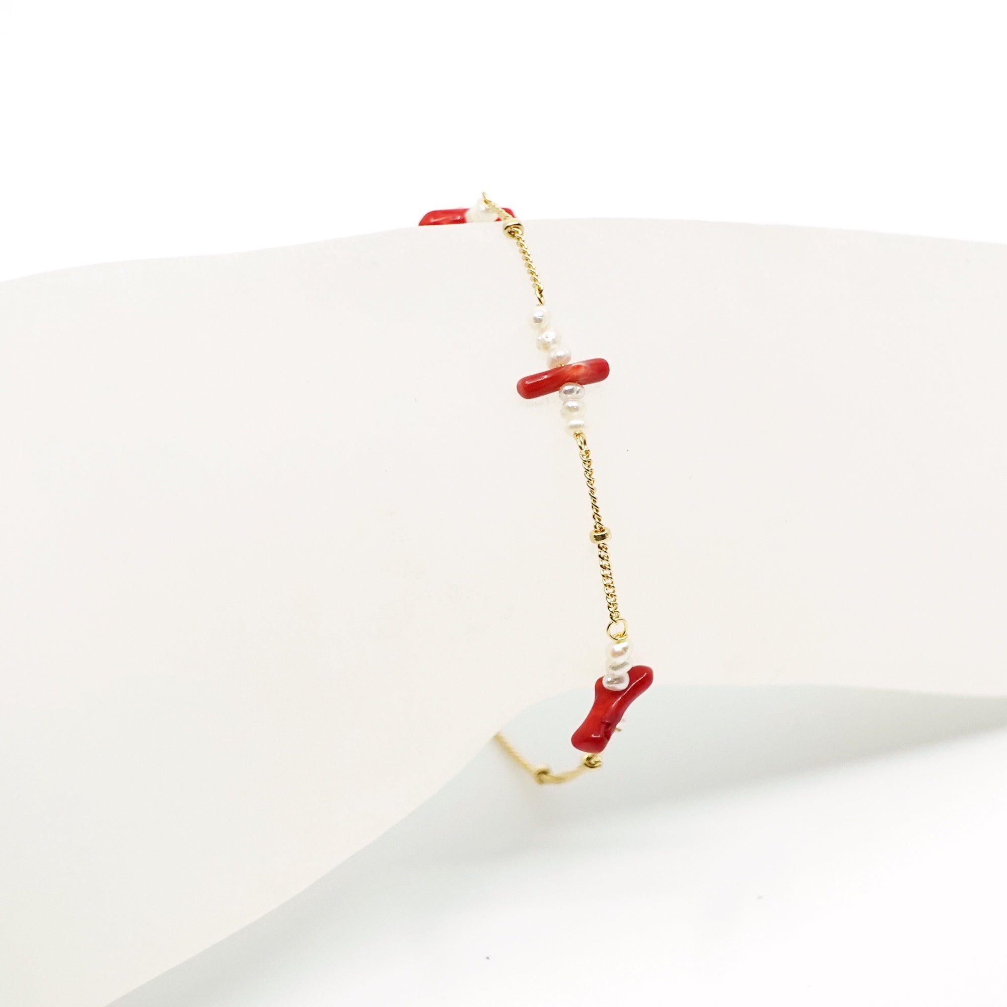 Gold Filled Red Coral Branch and Pearl Bracelet - Yun Boutique