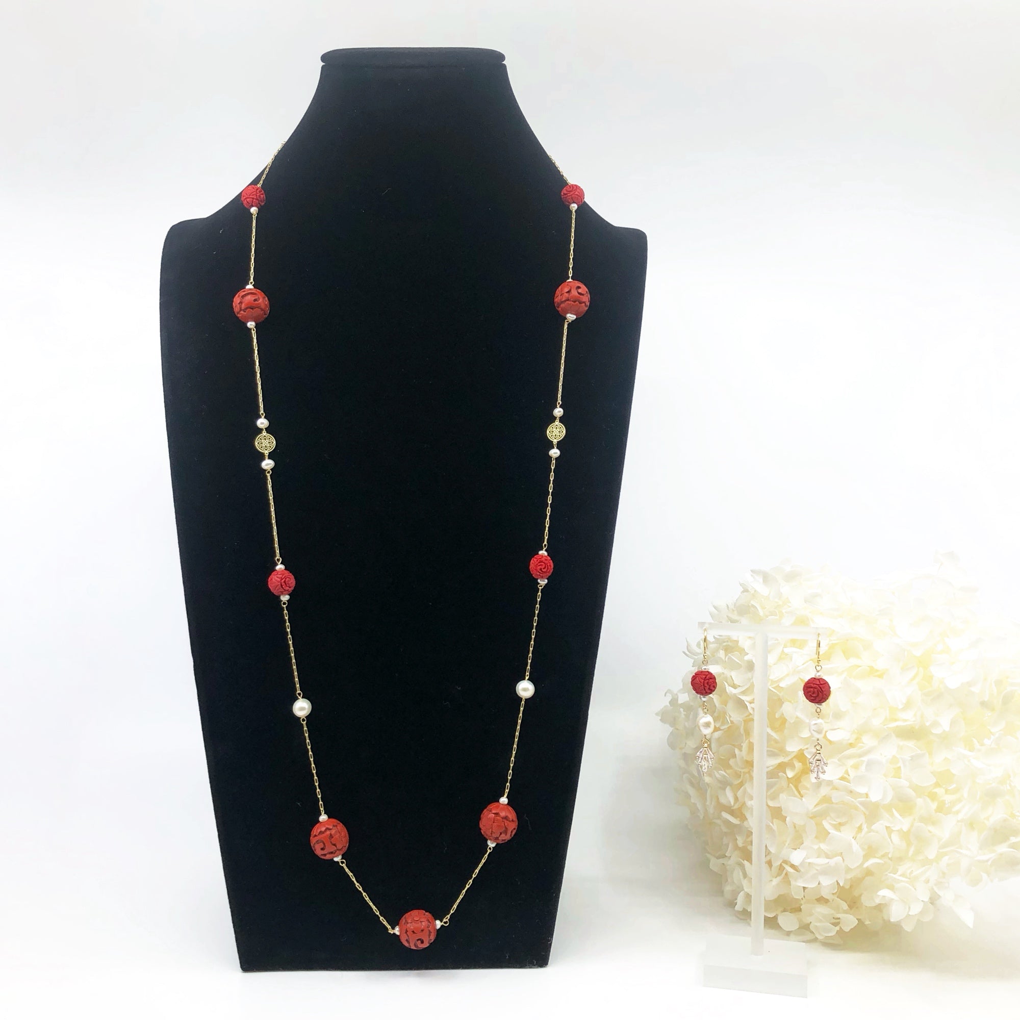 The Nine Cinnabar Necklace and Earrings Set - Yun Boutique