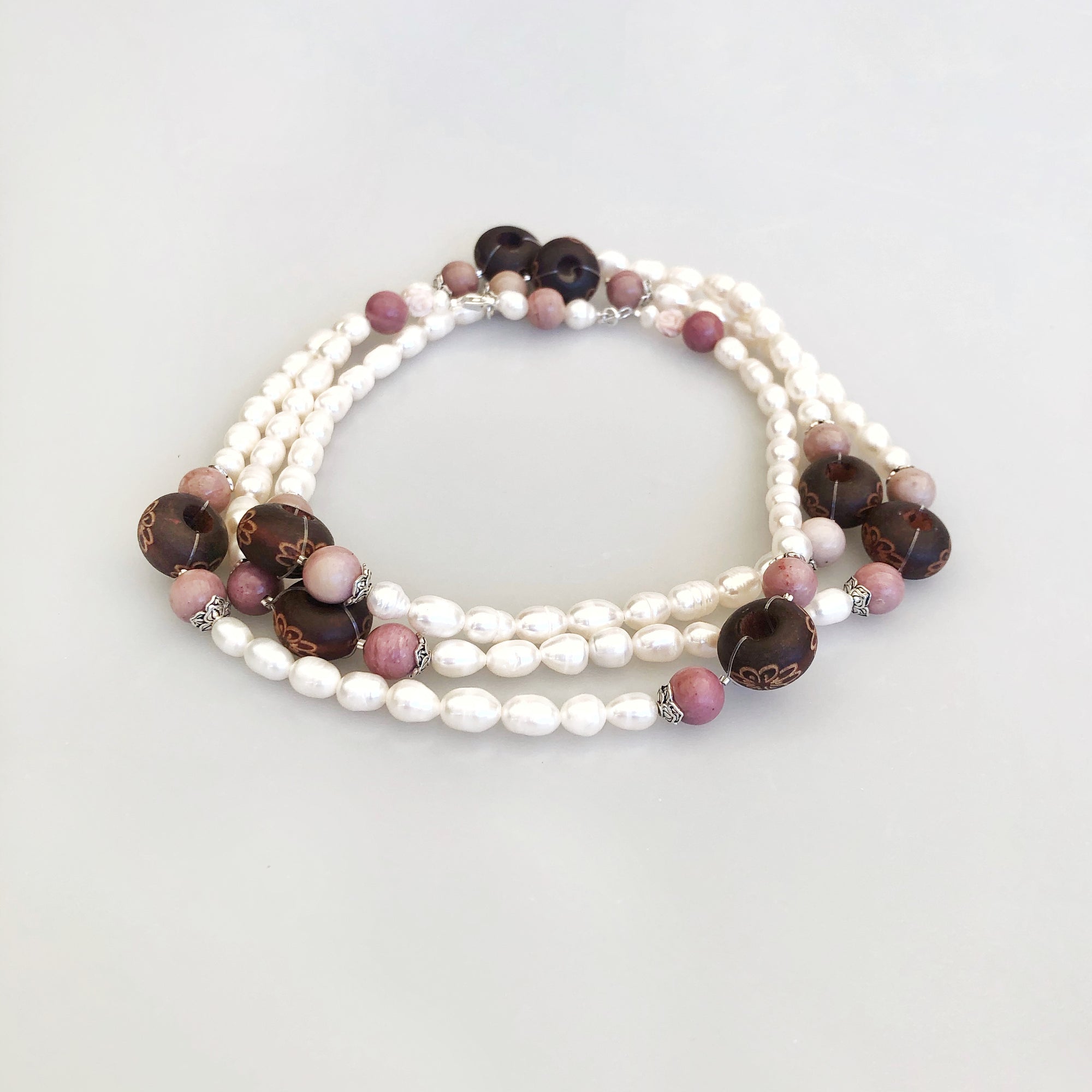 Return to Origin Beaded Wood and Pearl Necklace