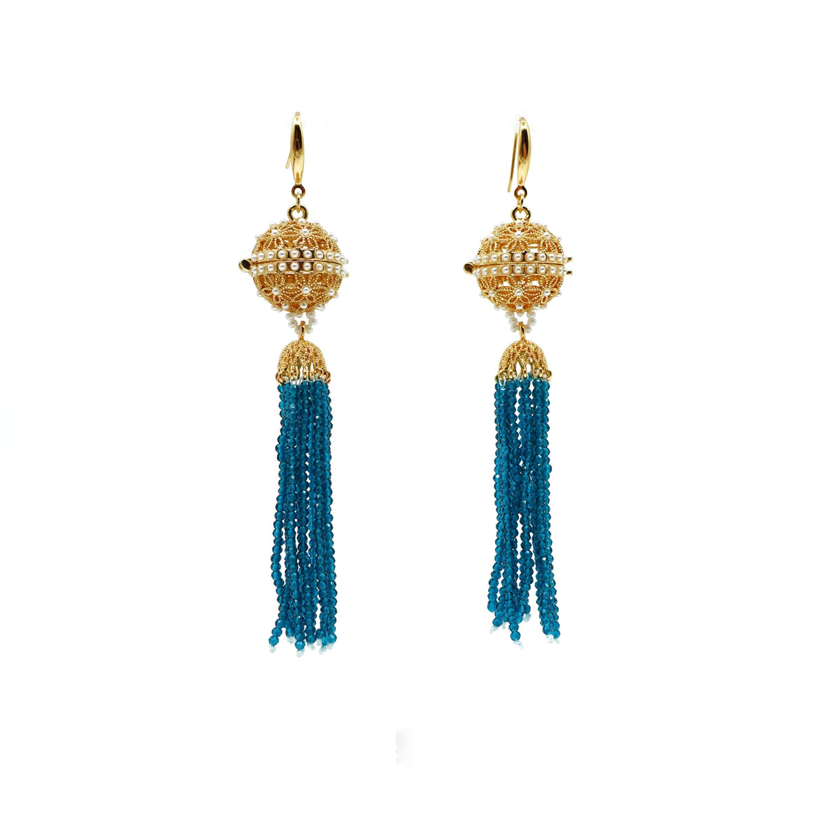 Herbal Locket Crystal Tassel Earrings - Peacock Blue Zirconia - Yun Boutique