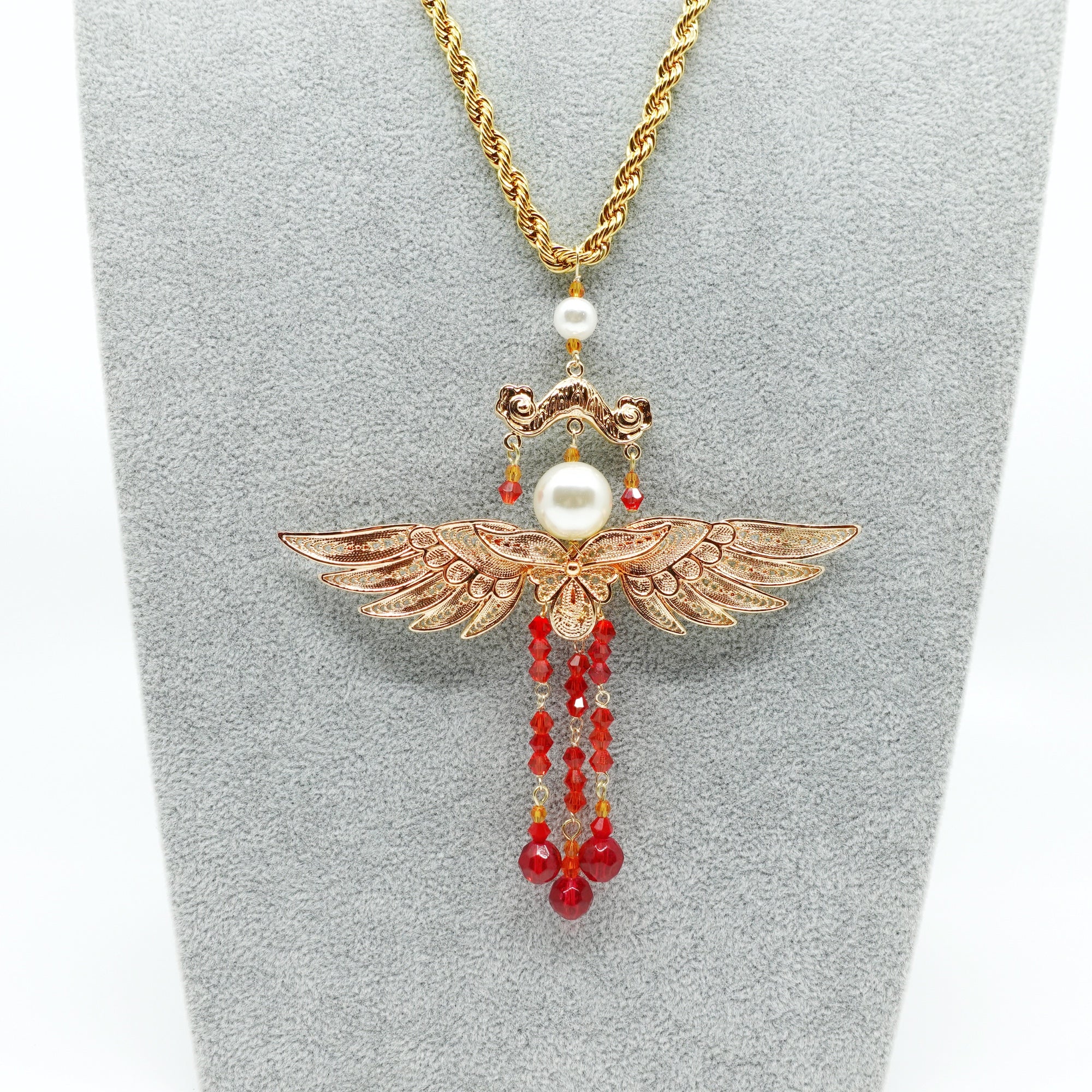 Gold Phoenix Wing Red Tassel Necklace - Yun Boutique