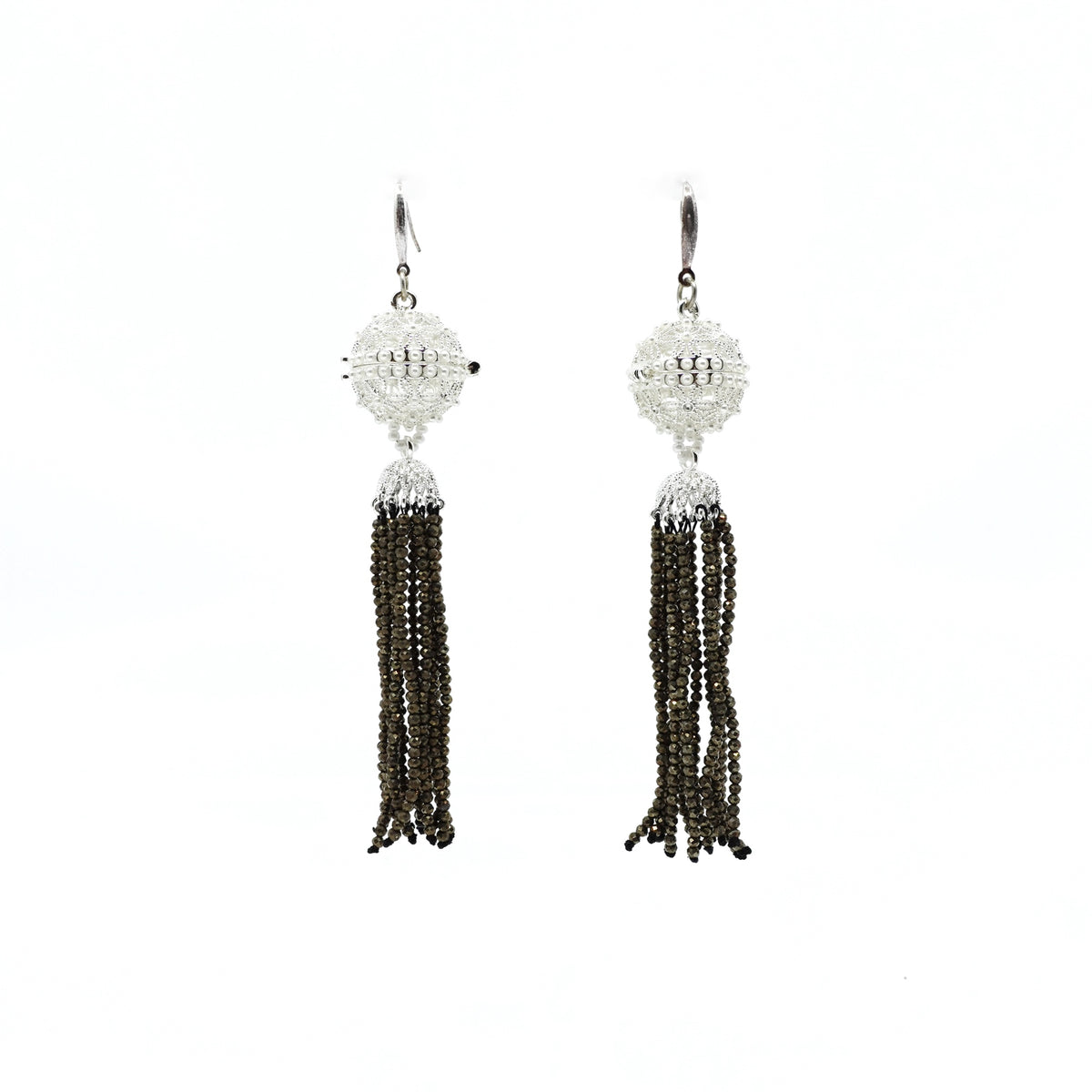 Herbal Locket Crystal Tassel Earrings - Pyrite Stone - Yun Boutique