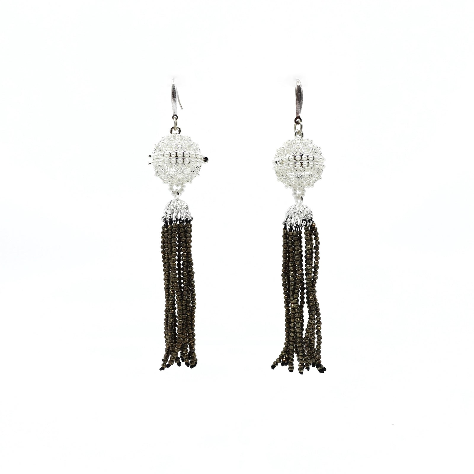 Herbal Locket Crystal Tassel Earrings - Pyrite Stone - Yun Boutique