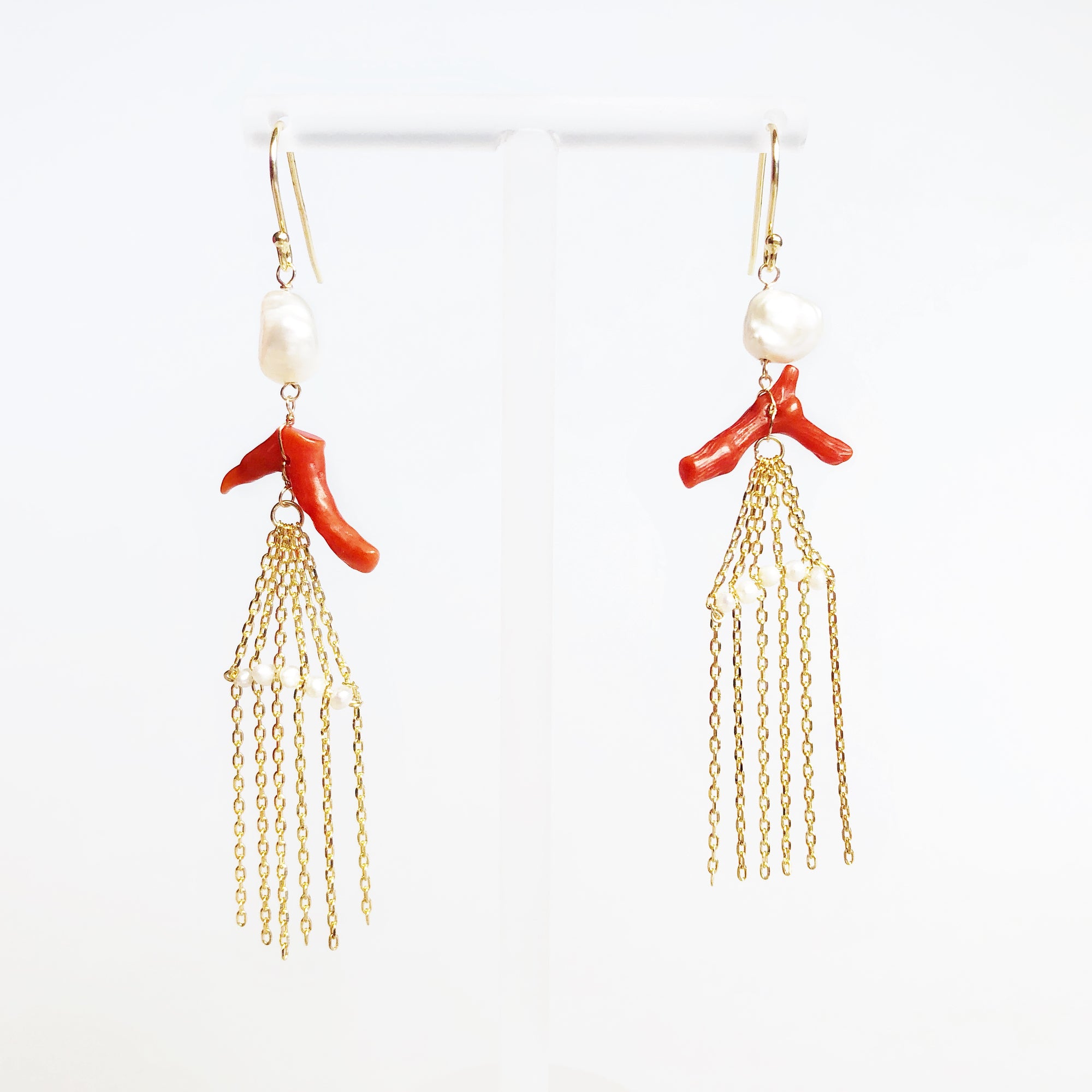 Natural Red Coral Waterfall Earrings