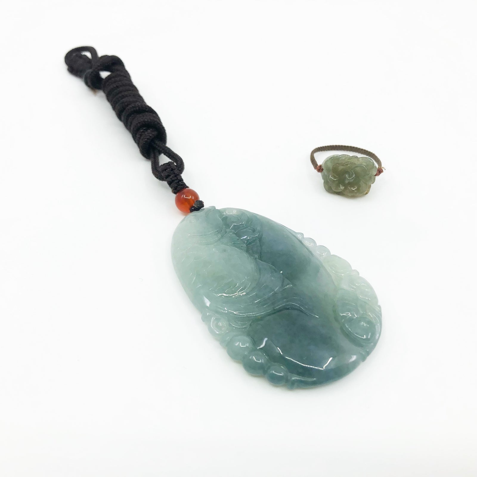 Green Jadeite Lotus and Fish Pond Pendant Necklace + Jade Peony Ring - Yun Boutique