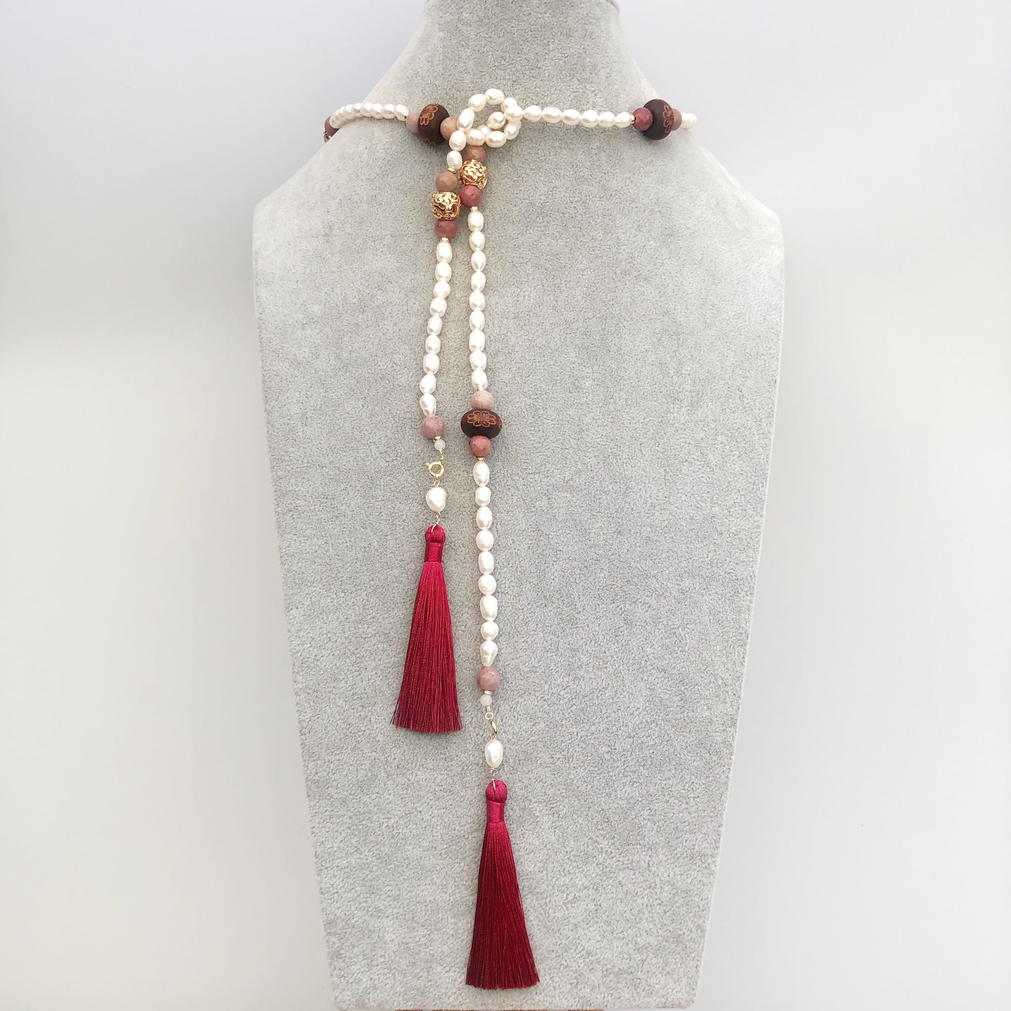 Multi-style Baroque Pearl Lariat Necklace Set with Red Tassels