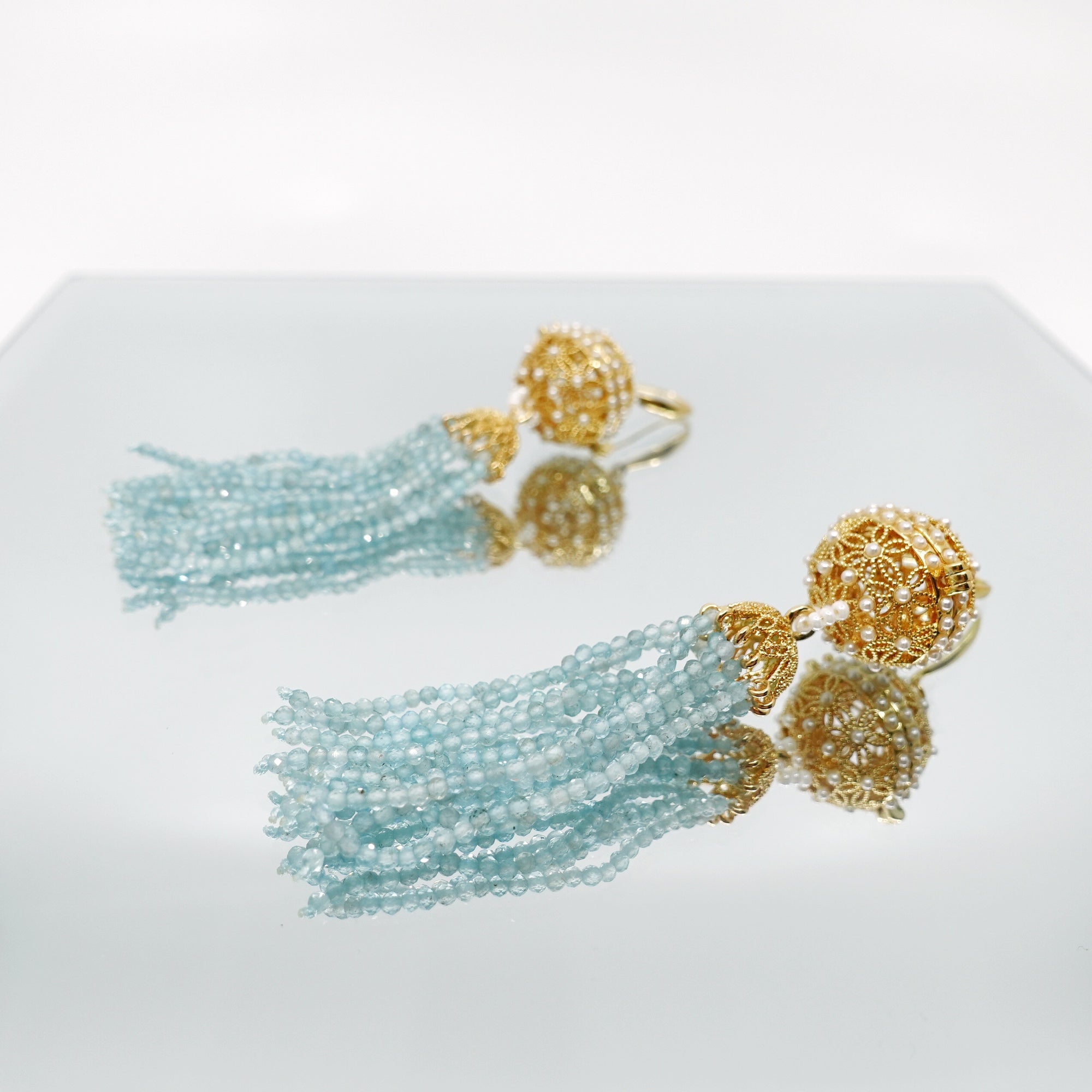 Herbal Locket Crystal Tassel Earrings - Aquamarine - Yun Boutique