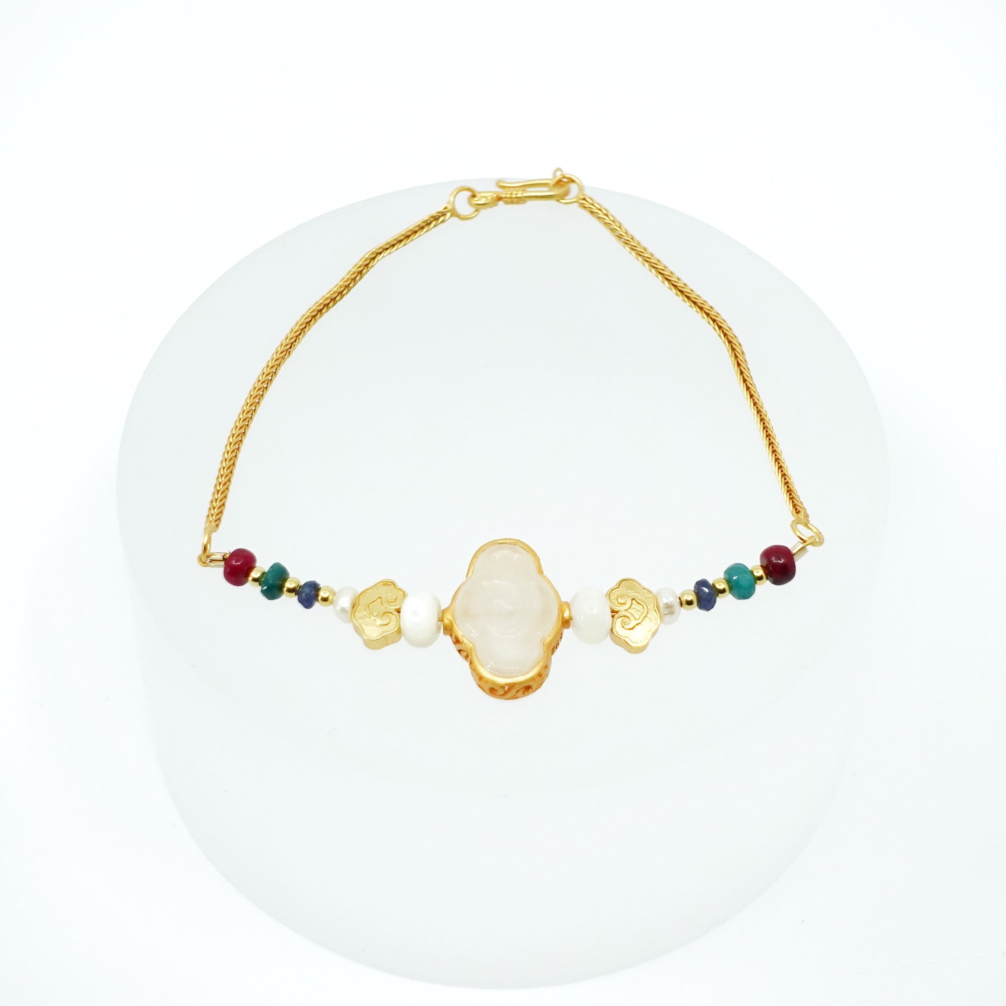 Vermeil Auspicious Clouds White Jade and Gemstone Bracelet - Yun Boutique