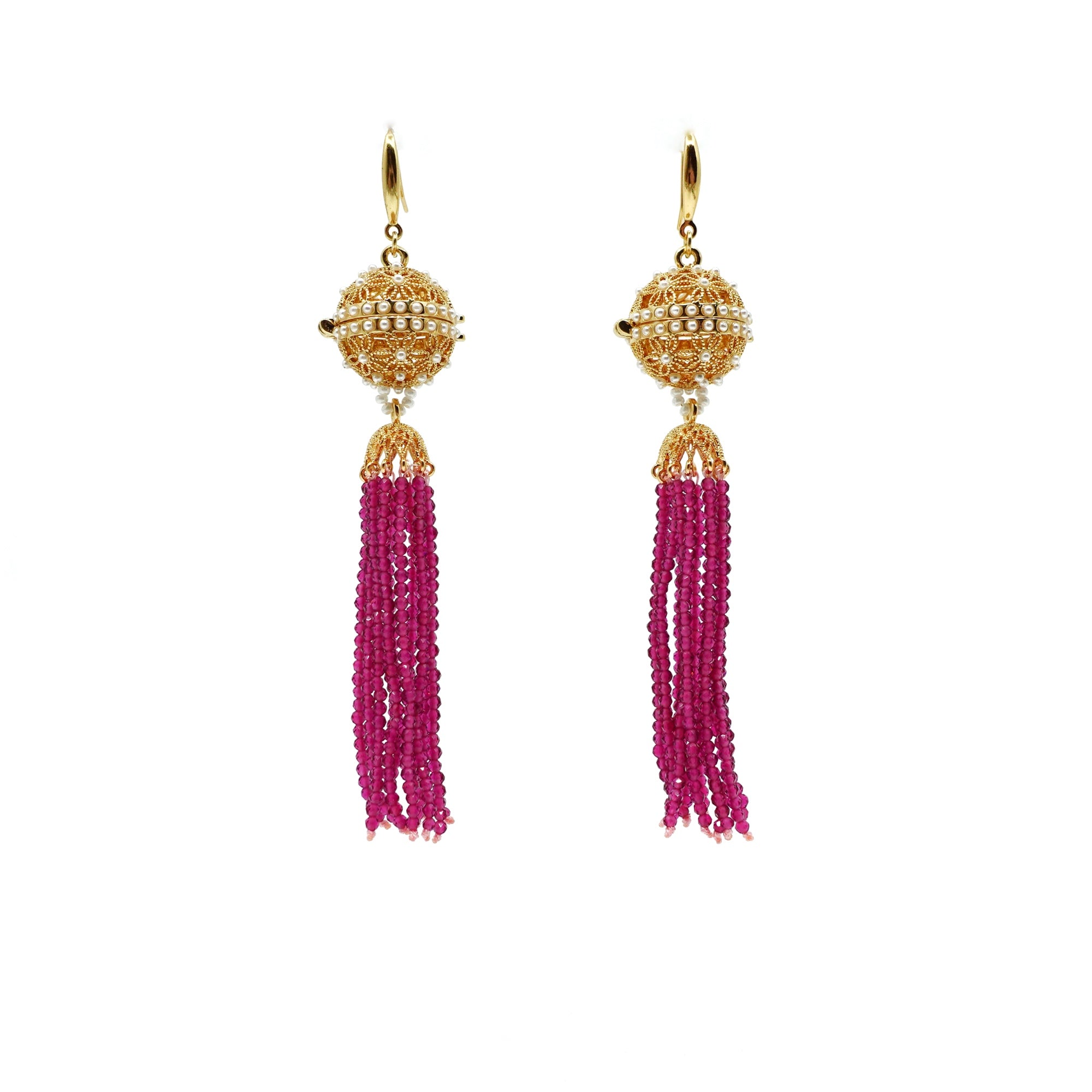 Herbal Locket Crystal Tassel Earrings - Fuchsia Zirconia - Yun Boutique