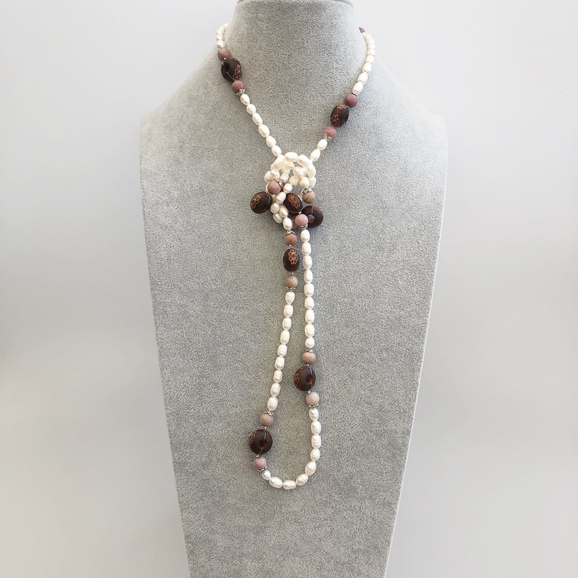 Return to Origin Beaded Wood and Pearl Necklace