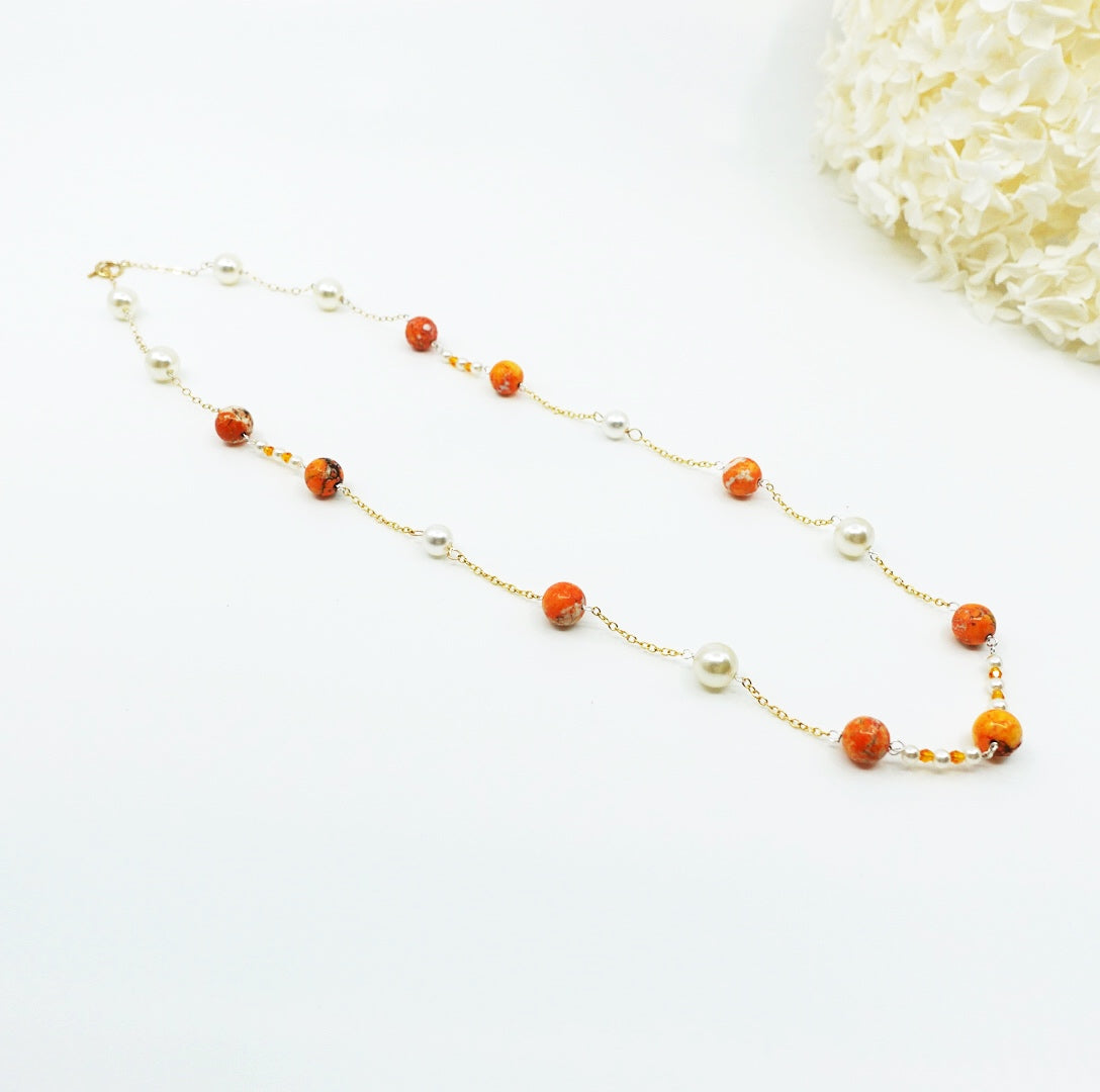 Orange Gemstone and Pearl Necklace and Earrings Set - Yun Boutique