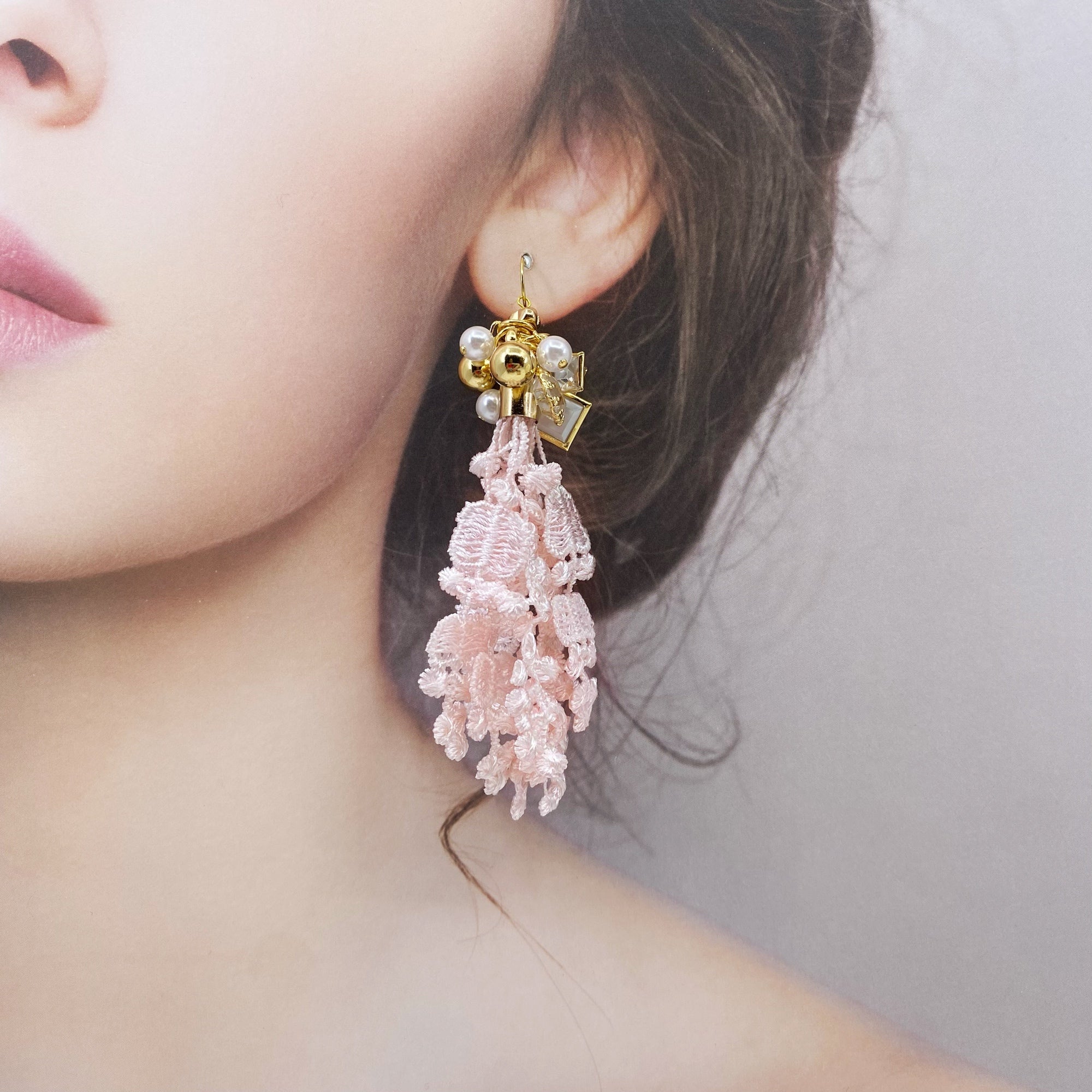 Yun Boutique Asymmetrical Pink Lace Tassel Earrings