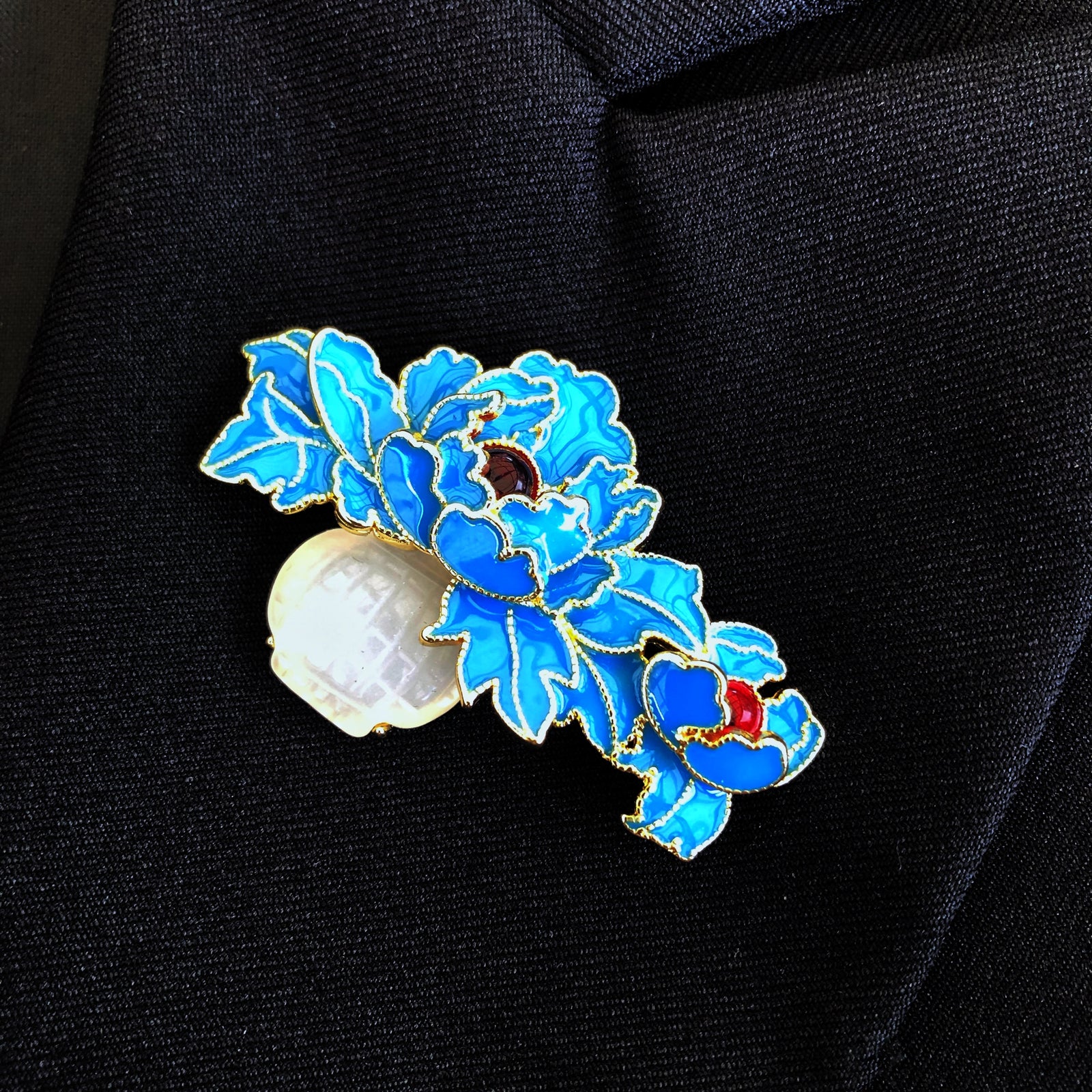 Enamel Tree Peony Brooch with White Jade - Yun Boutique