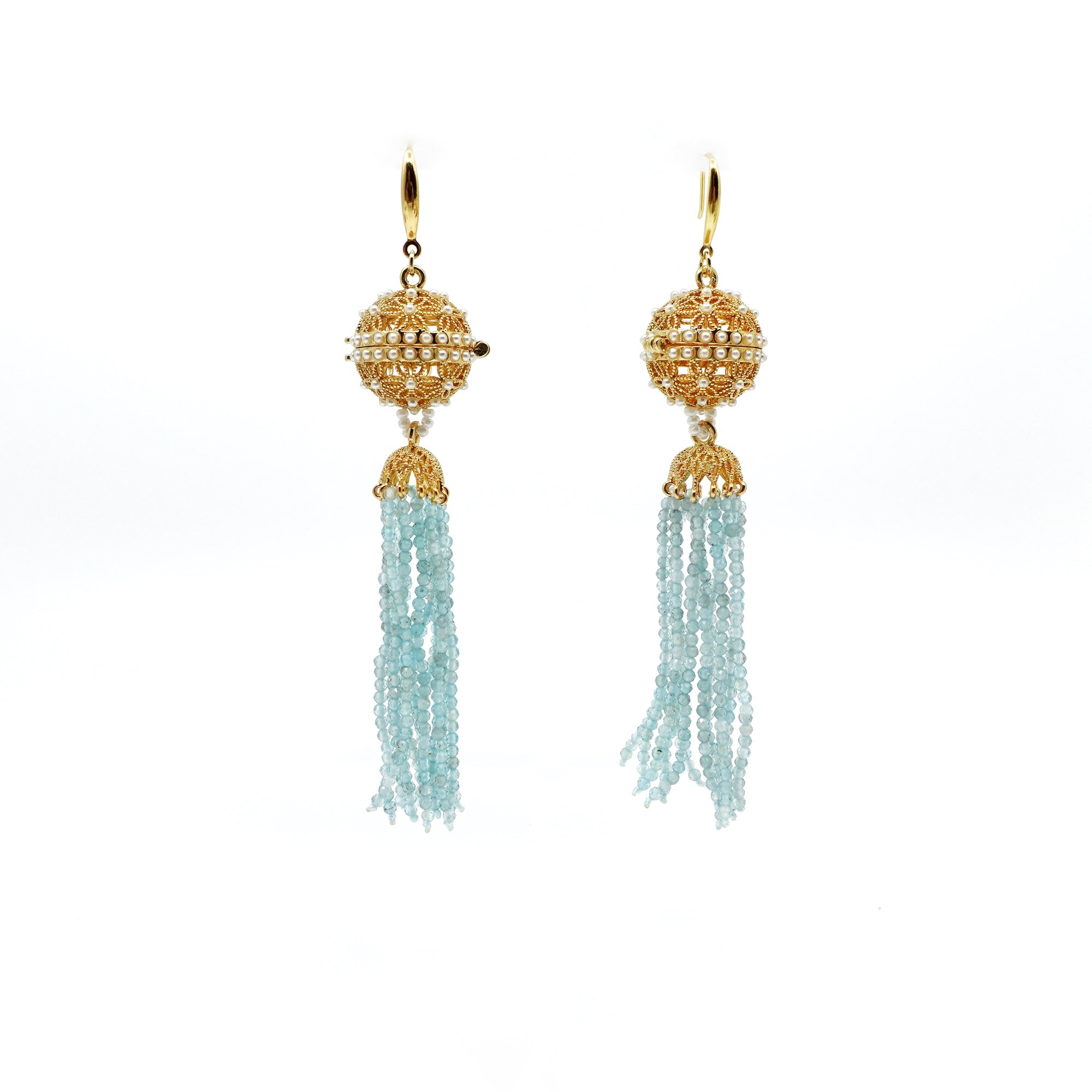 Herbal Locket Crystal Tassel Earrings - Aquamarine - Yun Boutique