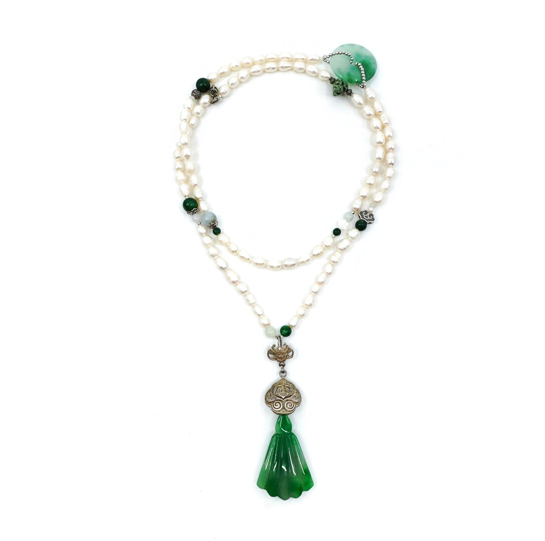 Lengthy Beaded Pearl Necklace with Jade Pendant - Yun Boutique