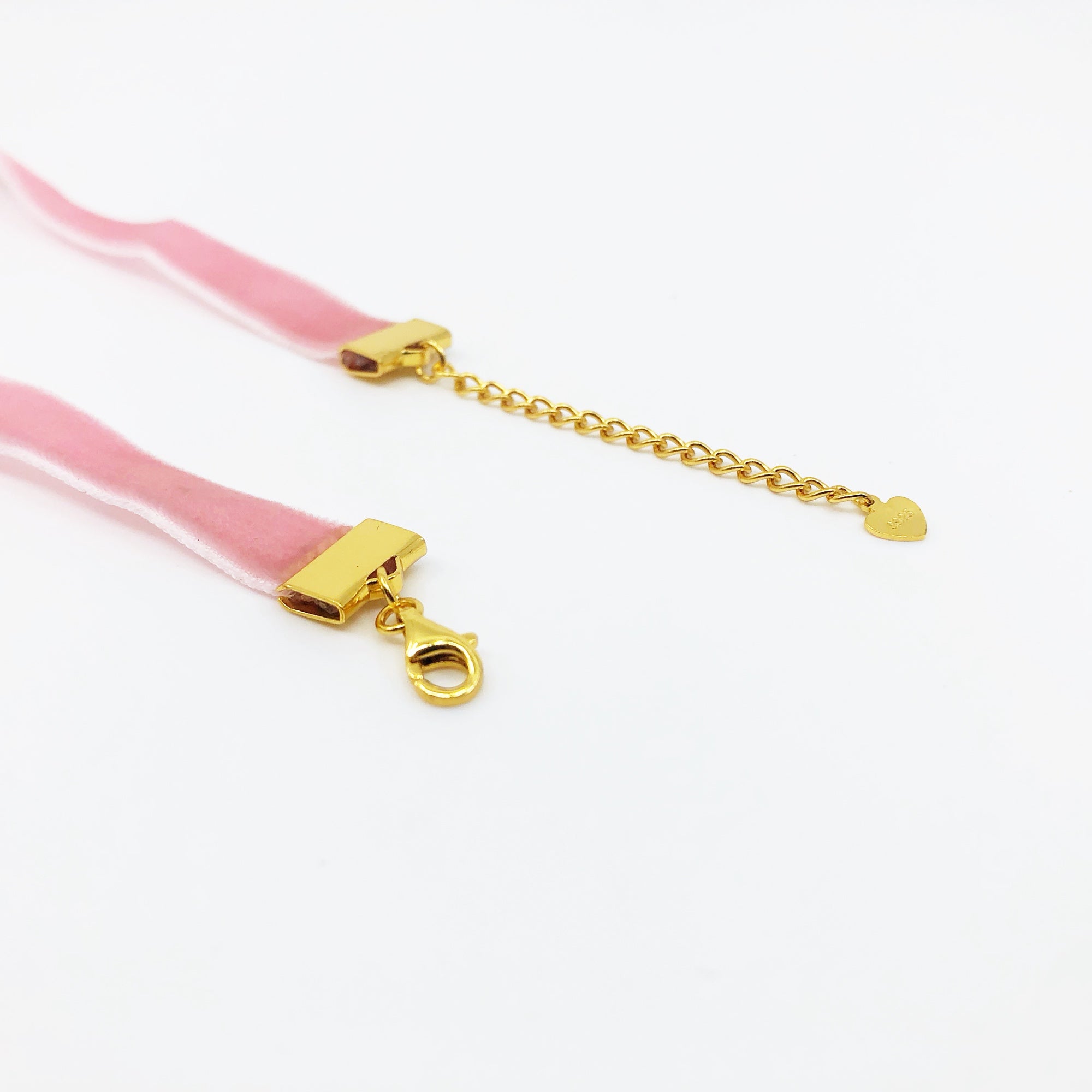 Yun Boutique Pink Velvet Choker Necklace Gold with Adjustable Sterling Silver Chain