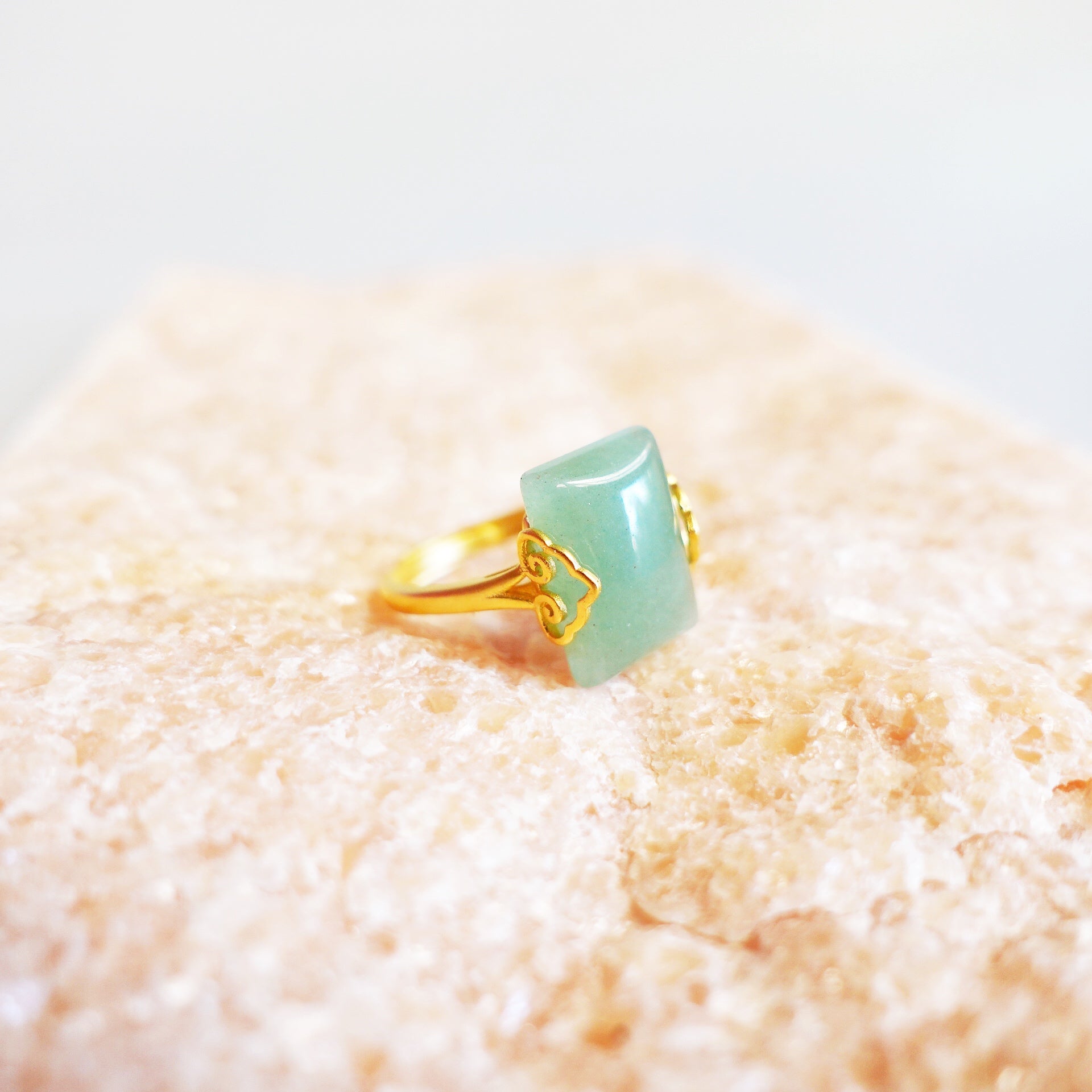 Gold Rectangle Green Aventurine Ring - Yun Boutique