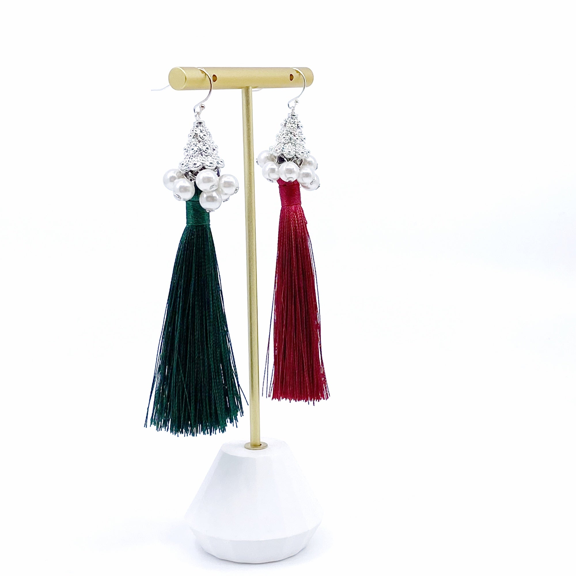 Yun Boutique Silver Asymmetrical Earrings with Red and Green Silk Tassel, Christmas Gift, New Year Gift