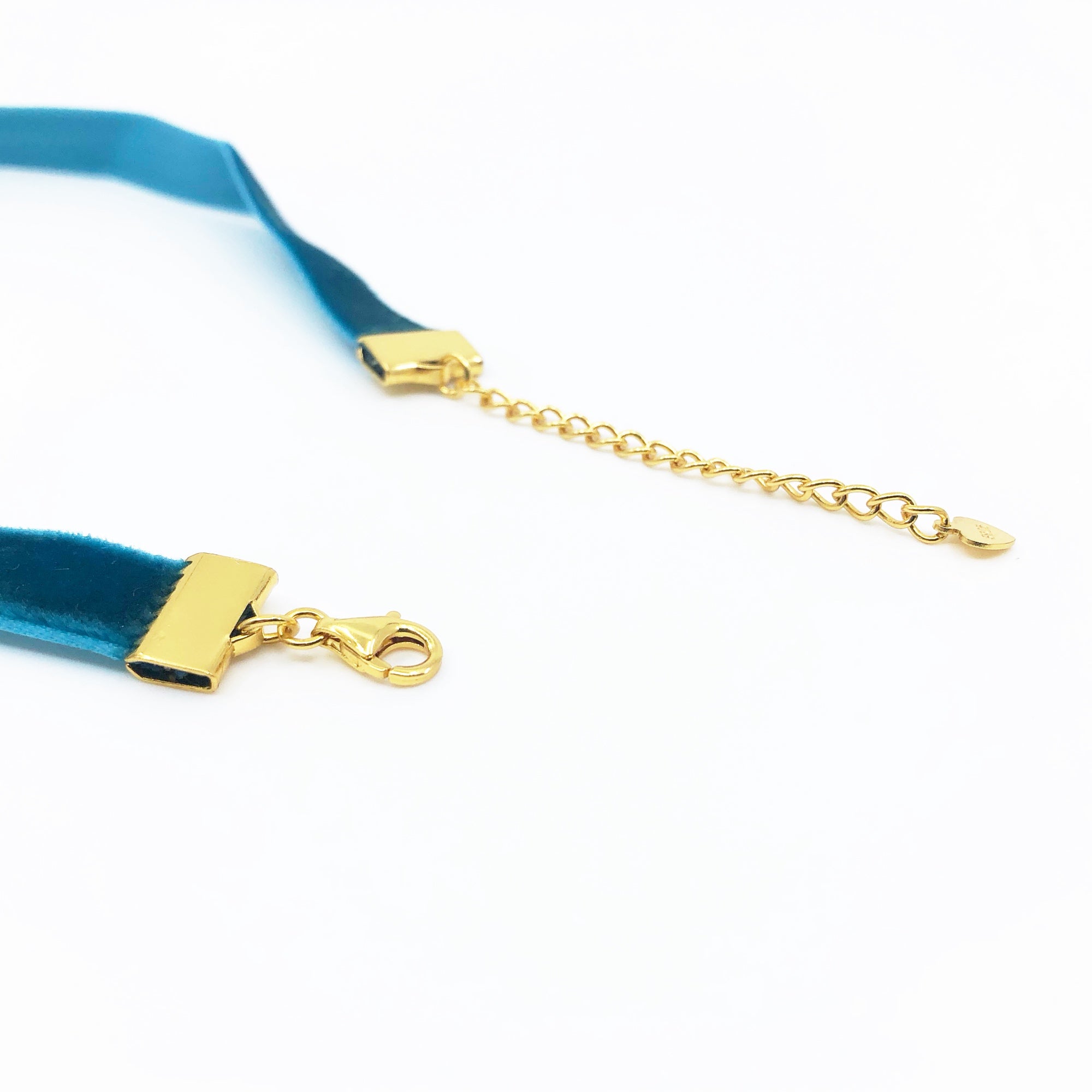 Yun Boutique Turquoise Blue Velvet Choker Necklace with Gold Plated Sterling Silver Adjustable Chain