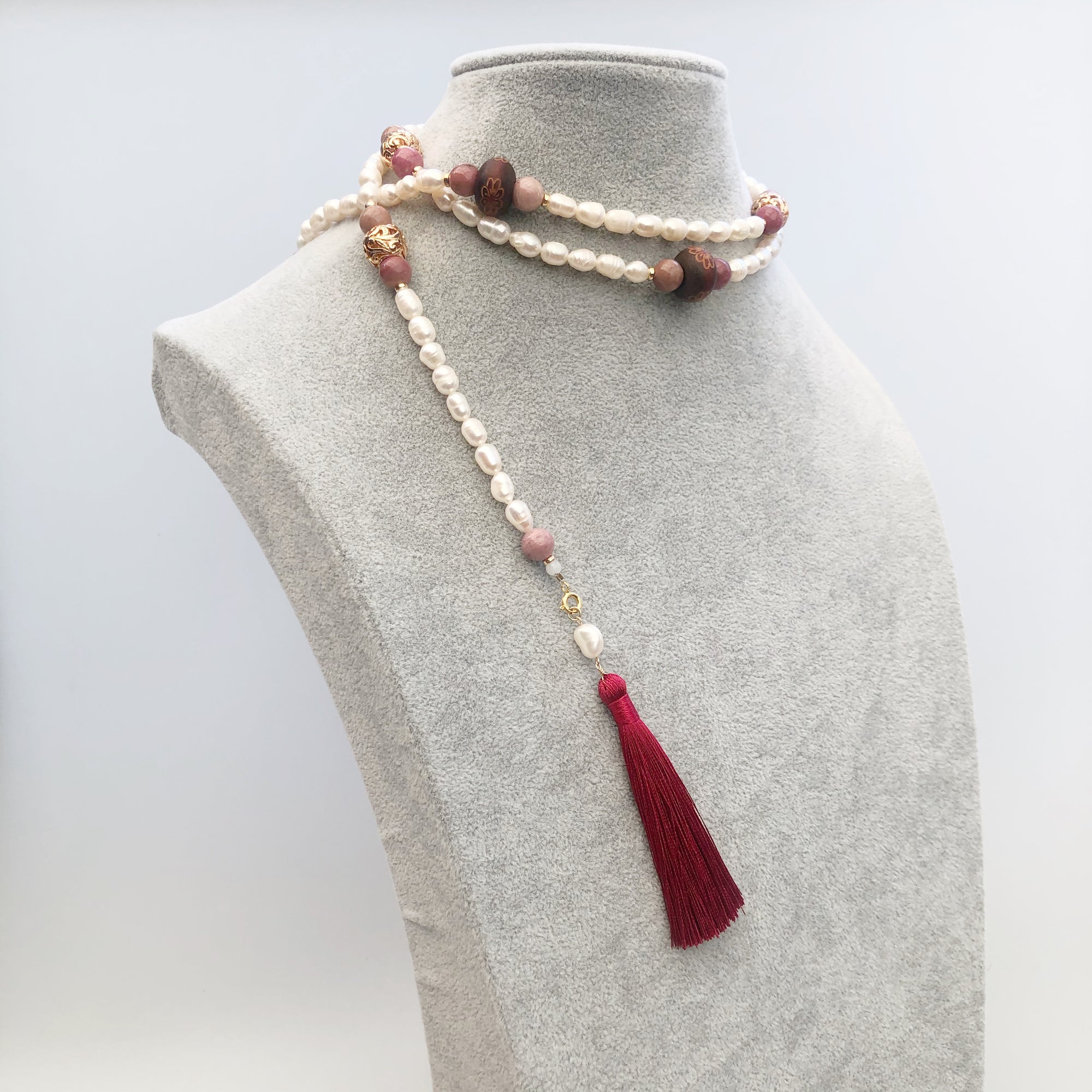 Multi-style Baroque Pearl Lariat Necklace Set with Red Tassels