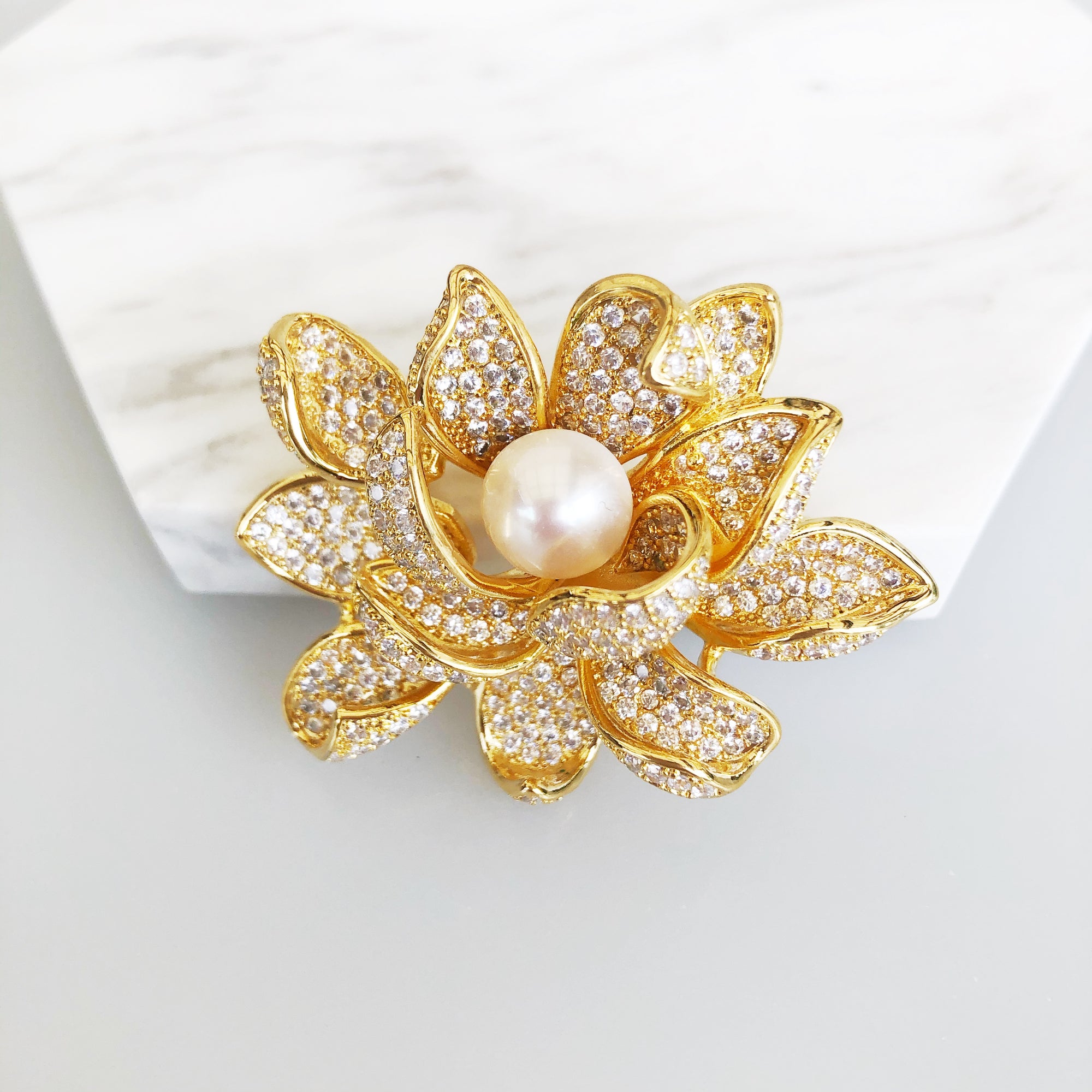 Gold Plated Lotus Zircon Brooch Pendant