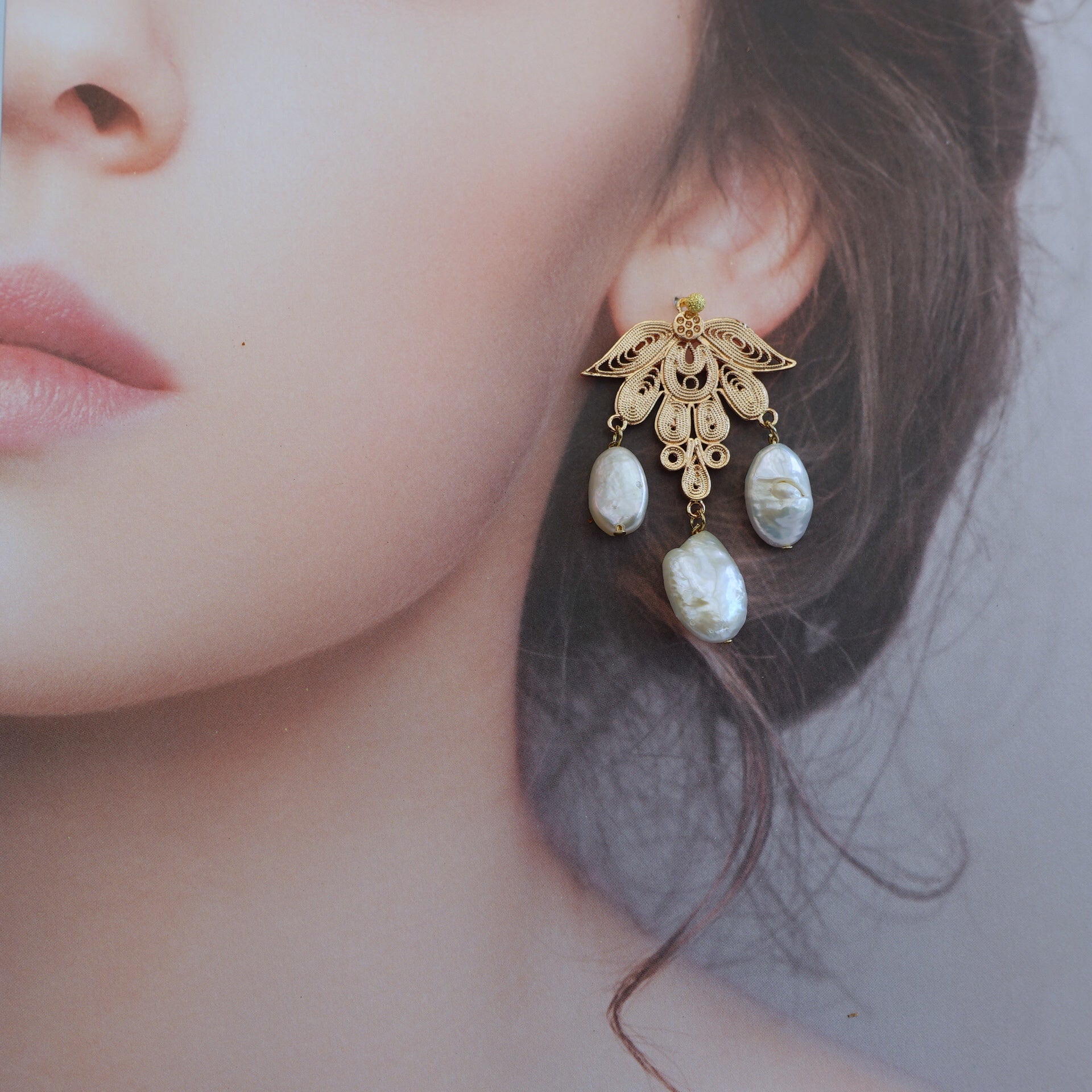 Phoenix Feather Filigree Baroque Pearl Earrings - Yun Boutique